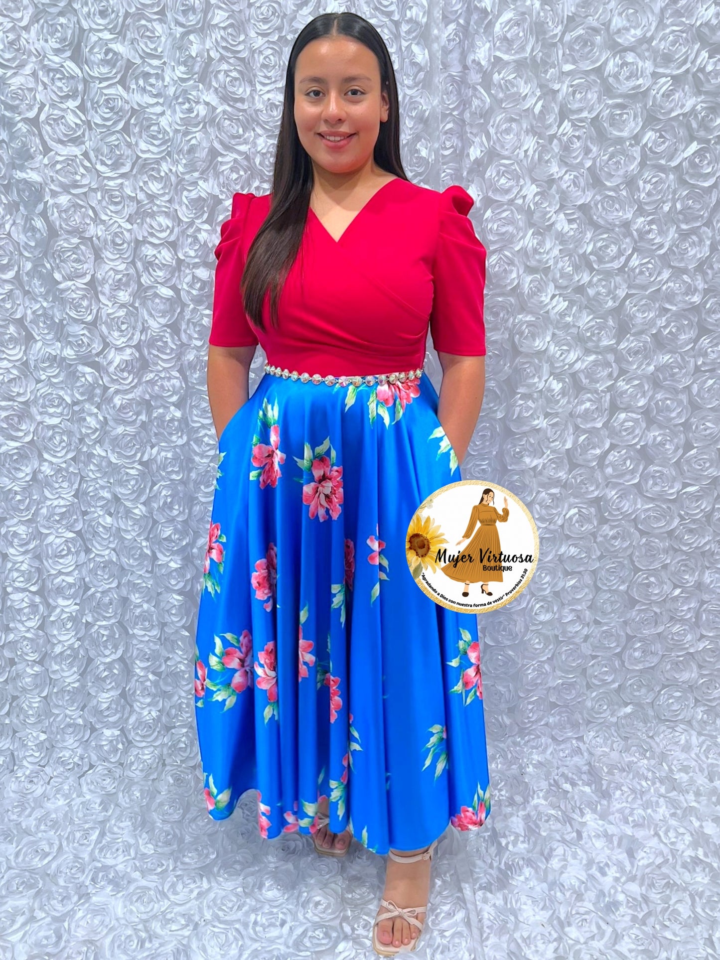 Susan Fucsia/Blue Floral Satin Dress