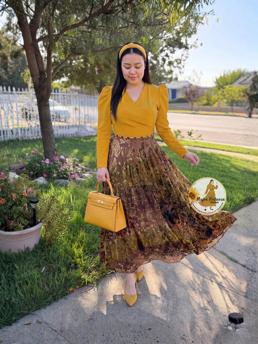 Larissa Mustard & Velvet Floral Dress