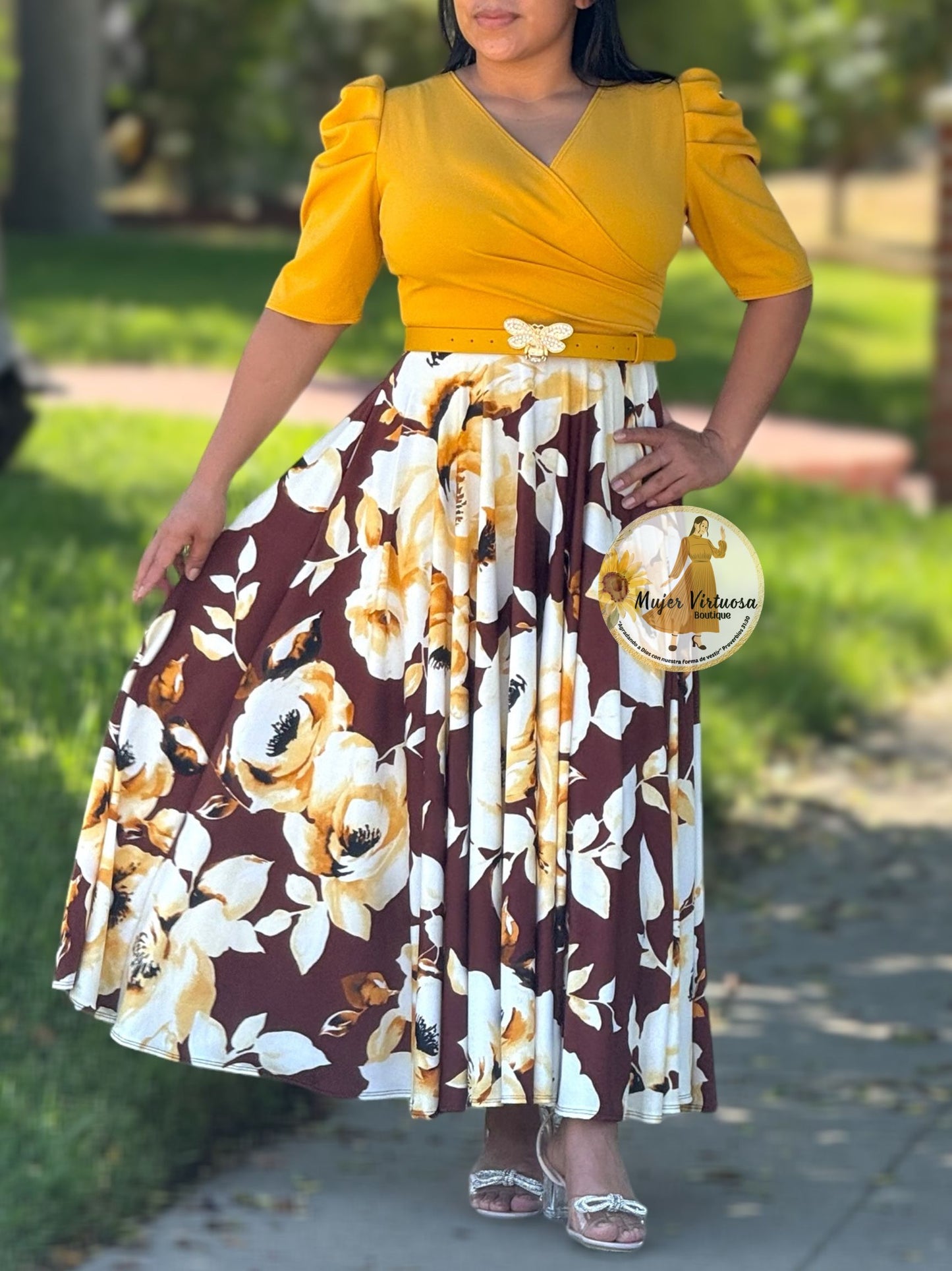 Mustard & Burgundy Floral Maxi Dress