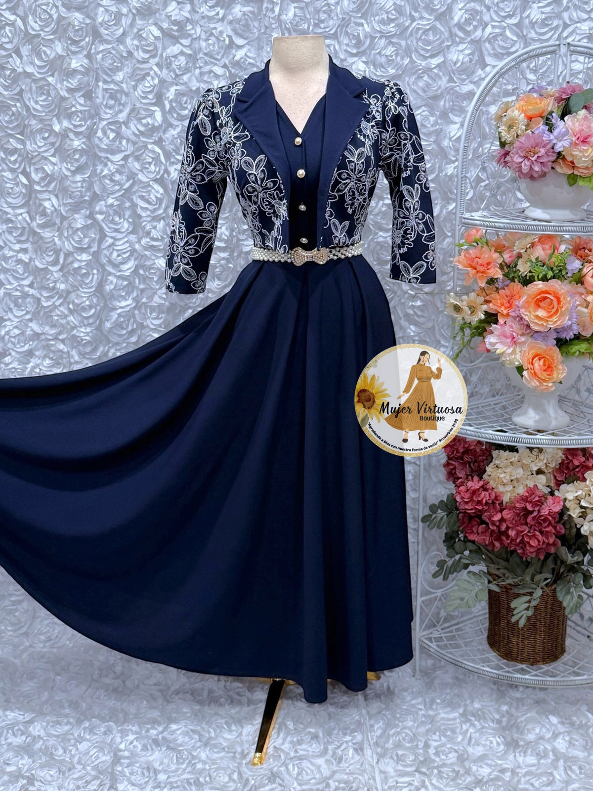 Linda Navy Blue Embroidered Dress