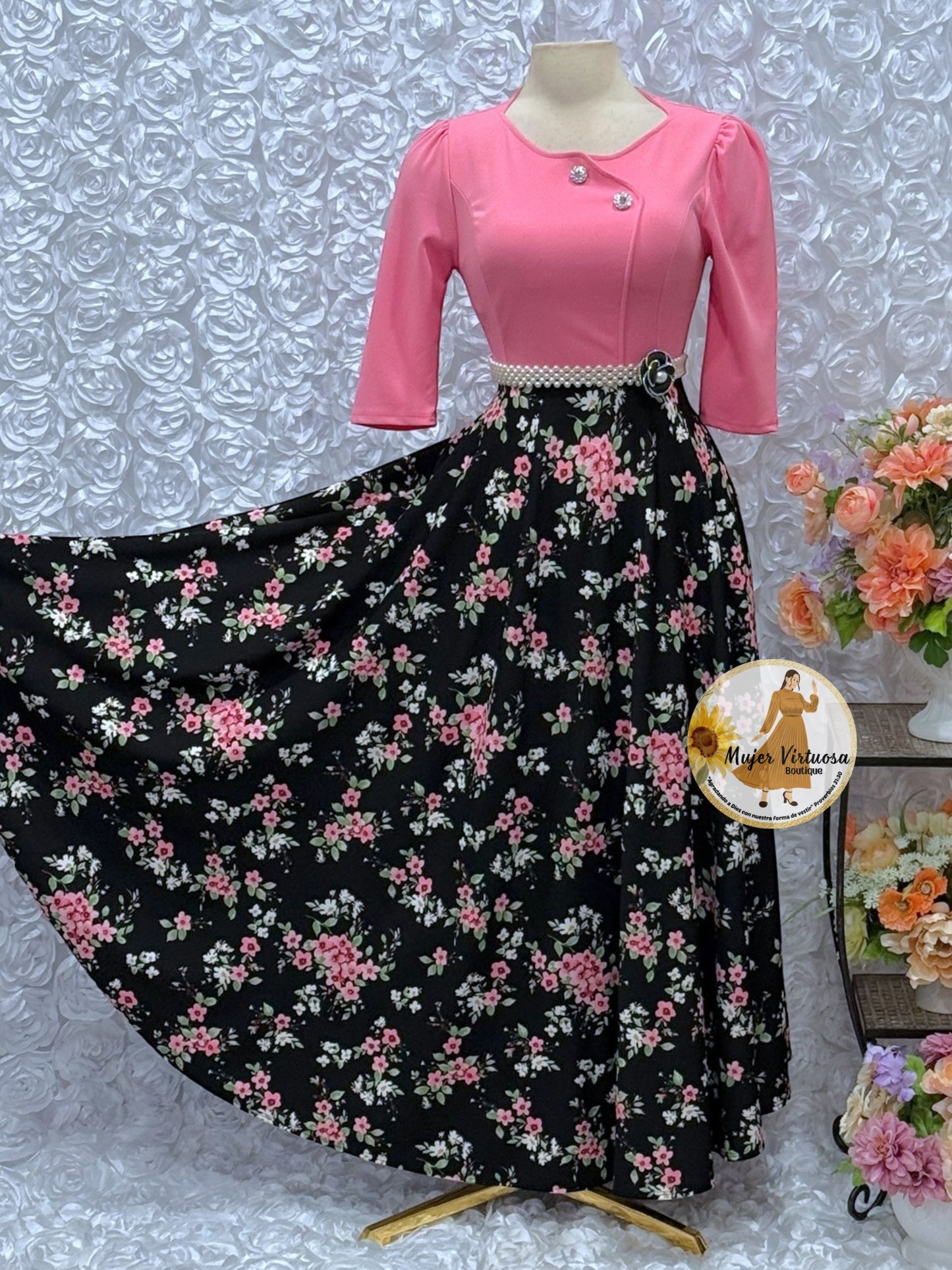 Celeste Pink/Black Floral Dress