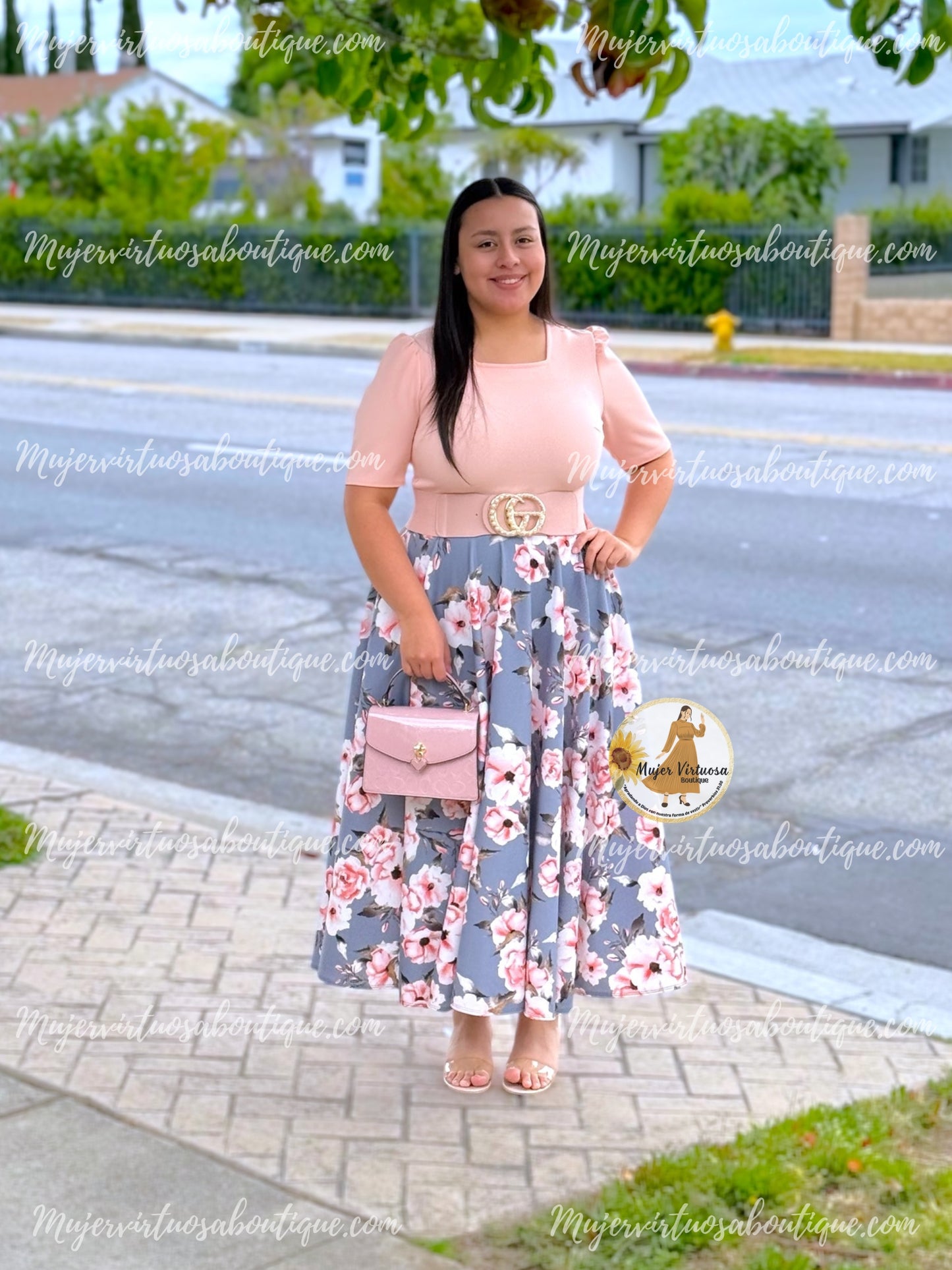 Eunice Pink & Grey Floral Dress