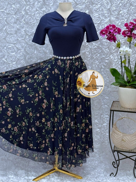 Sandy Navy Floral Mesh Dress