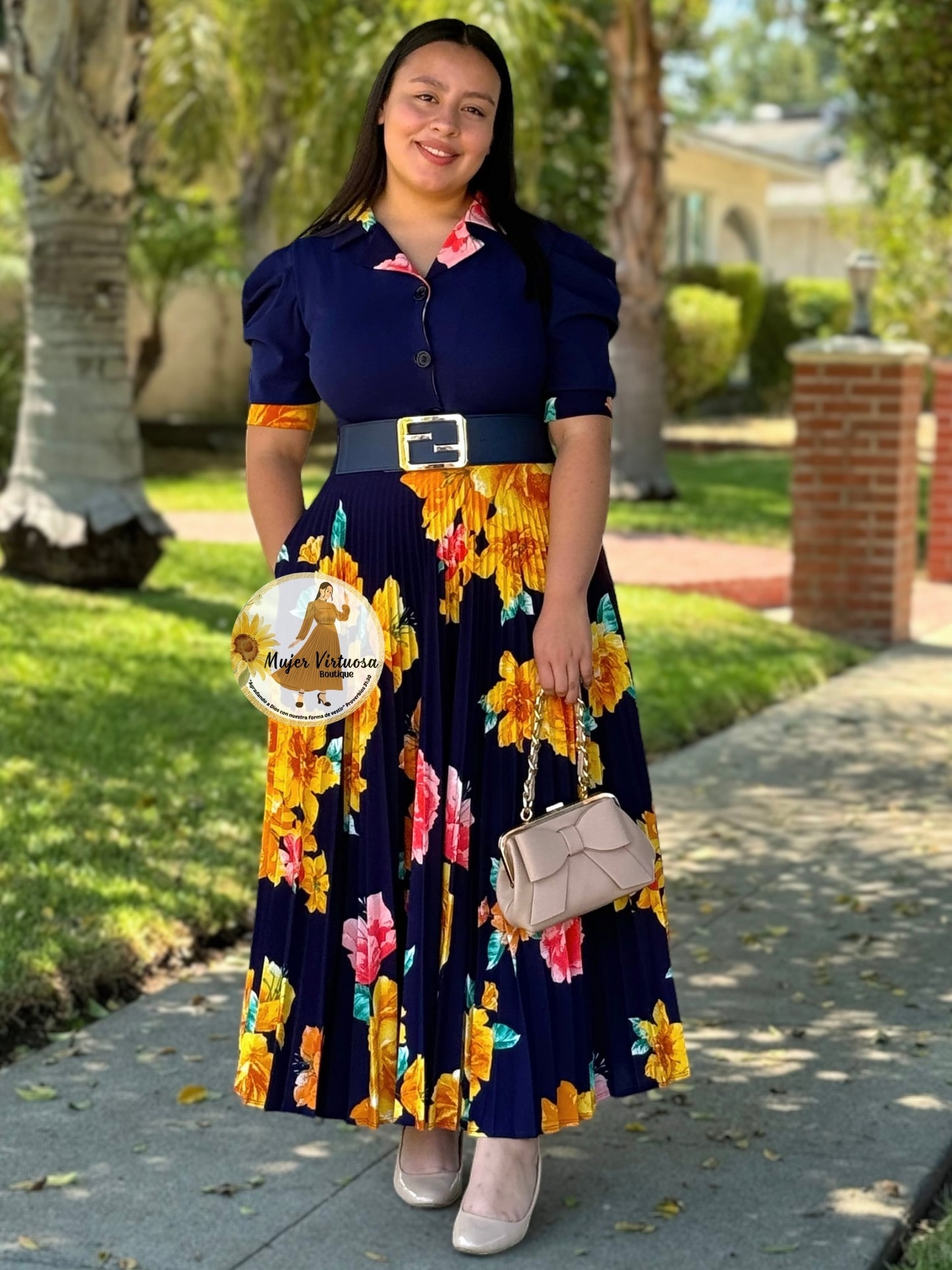 Samara Navy Pleated Floral Dress