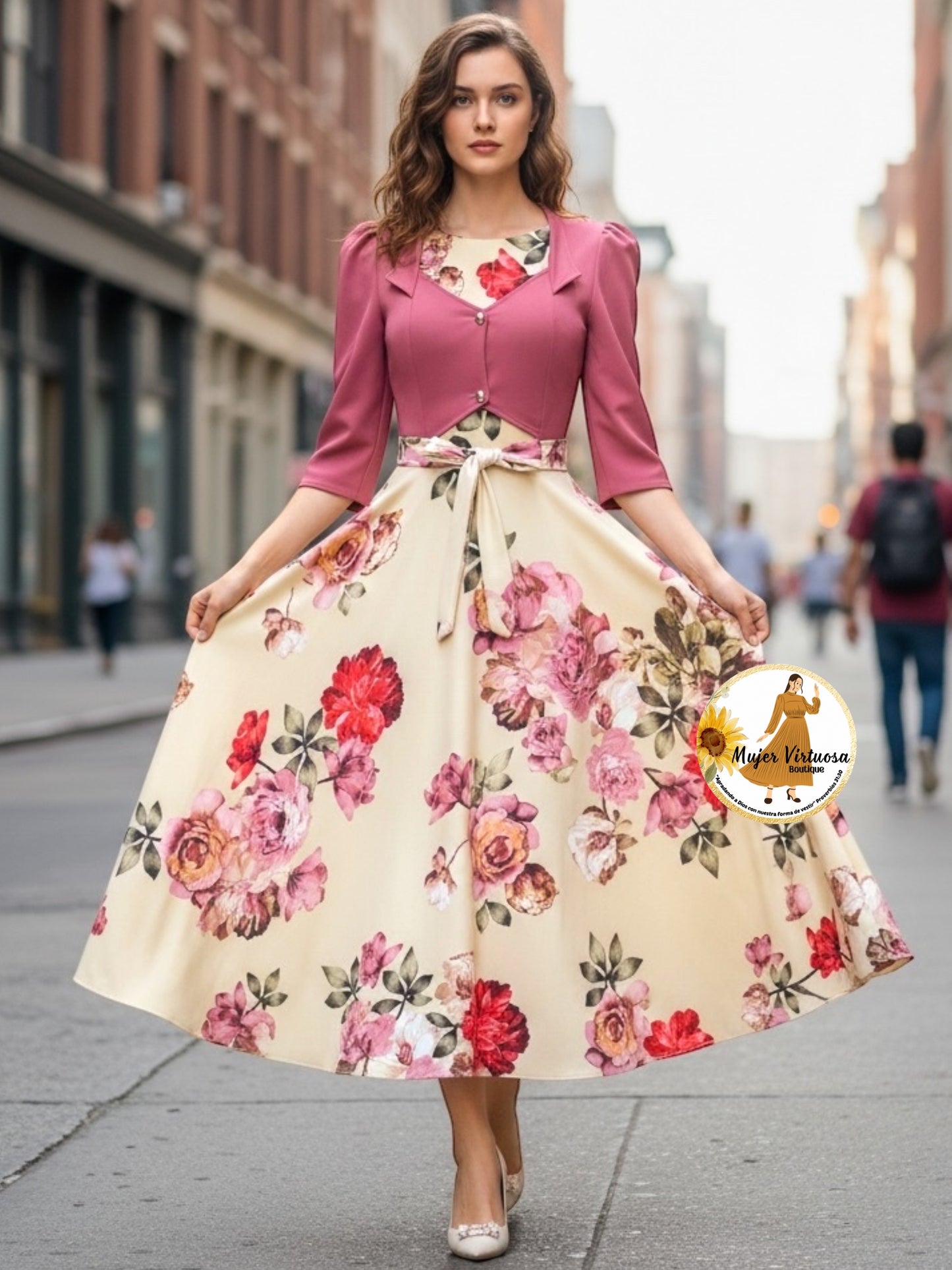 Mauve/Ivory Floral Vest Dress