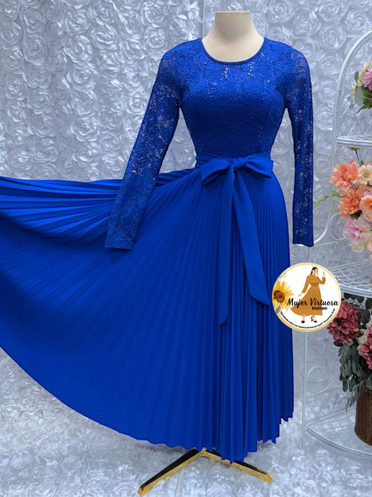 Alida Royal Blue Pleated Lace Dress