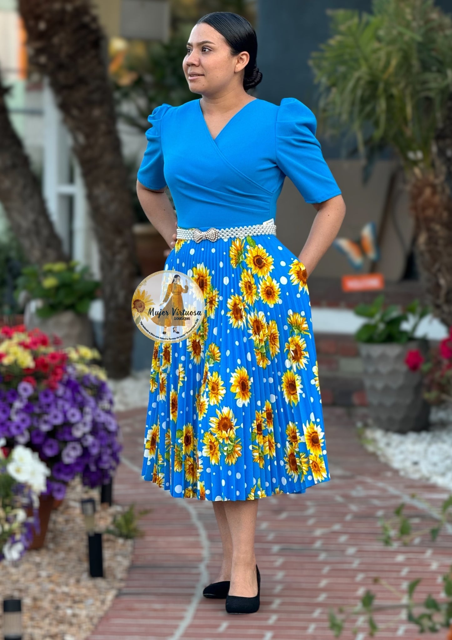 Aqua Sunflower Pleated Midi Dress