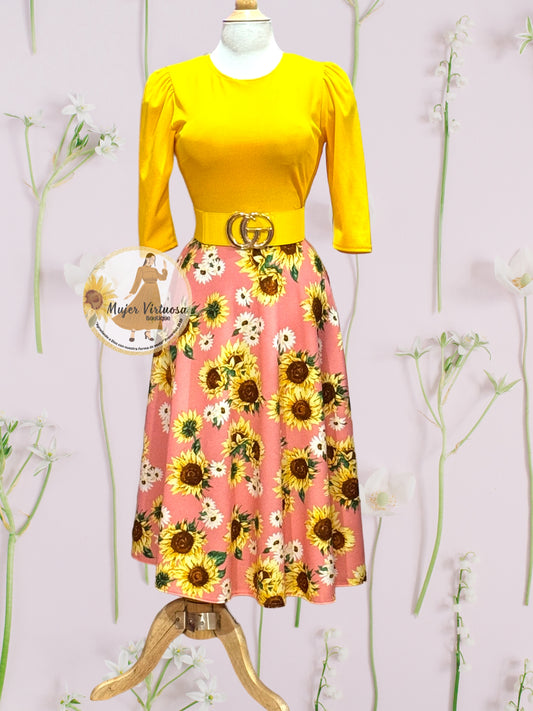 Yellow & Pink Sunflower Midi Dress