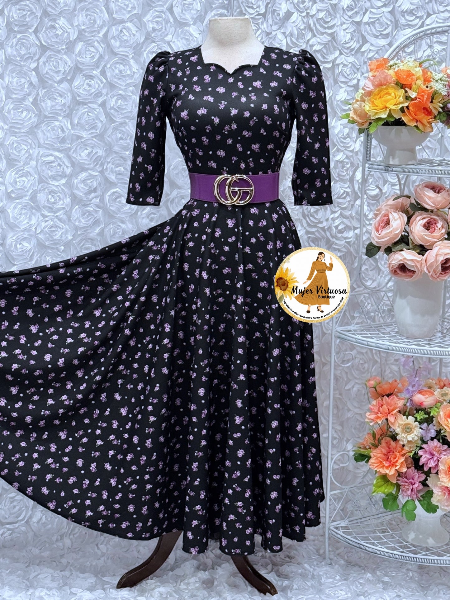 Lucy Black & Purple Ditsy Floral Dress