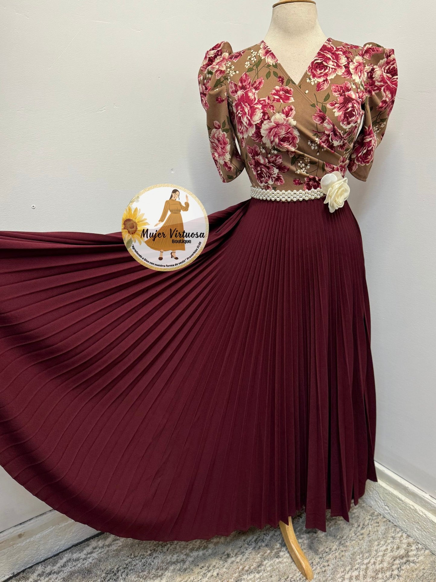 Jessica Mocha & Burgundy Pleated Dress