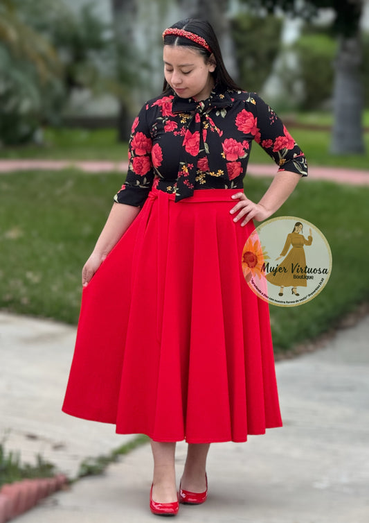 Red & Black Floral Midi Dress