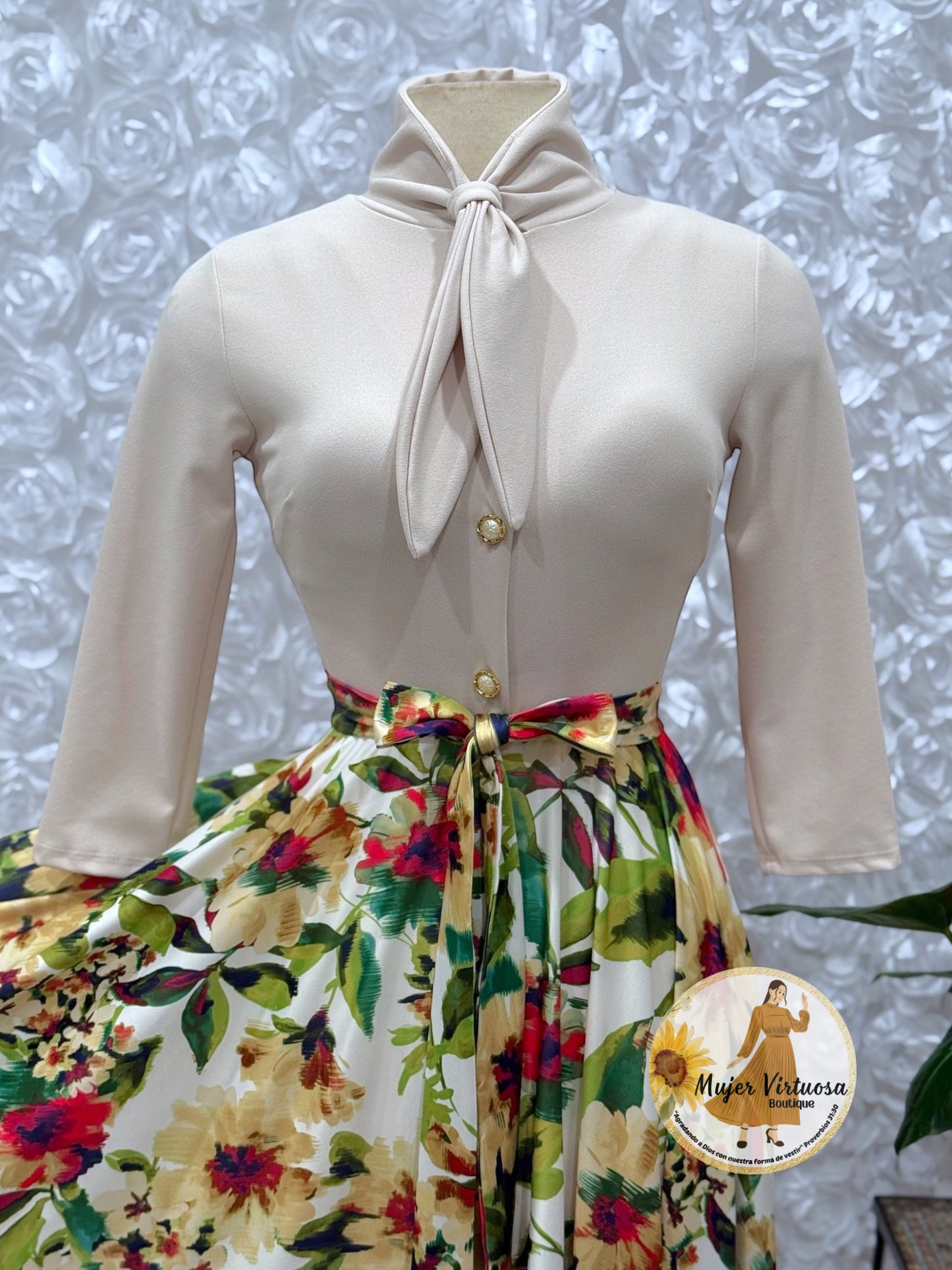 Beige Floral Vintage Style Dress