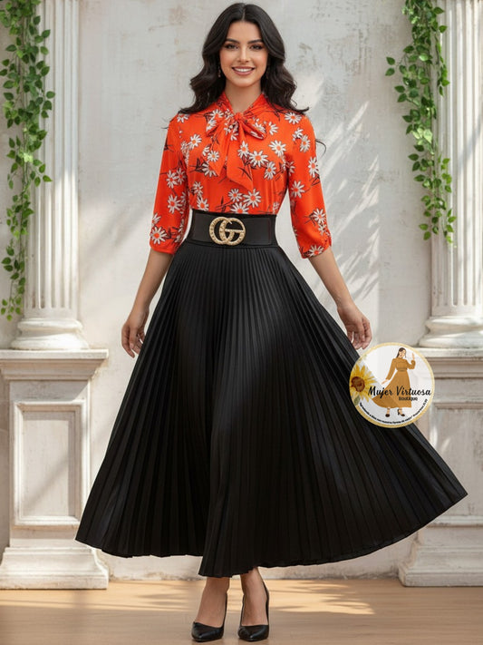 Black Satin Pleated Skirt