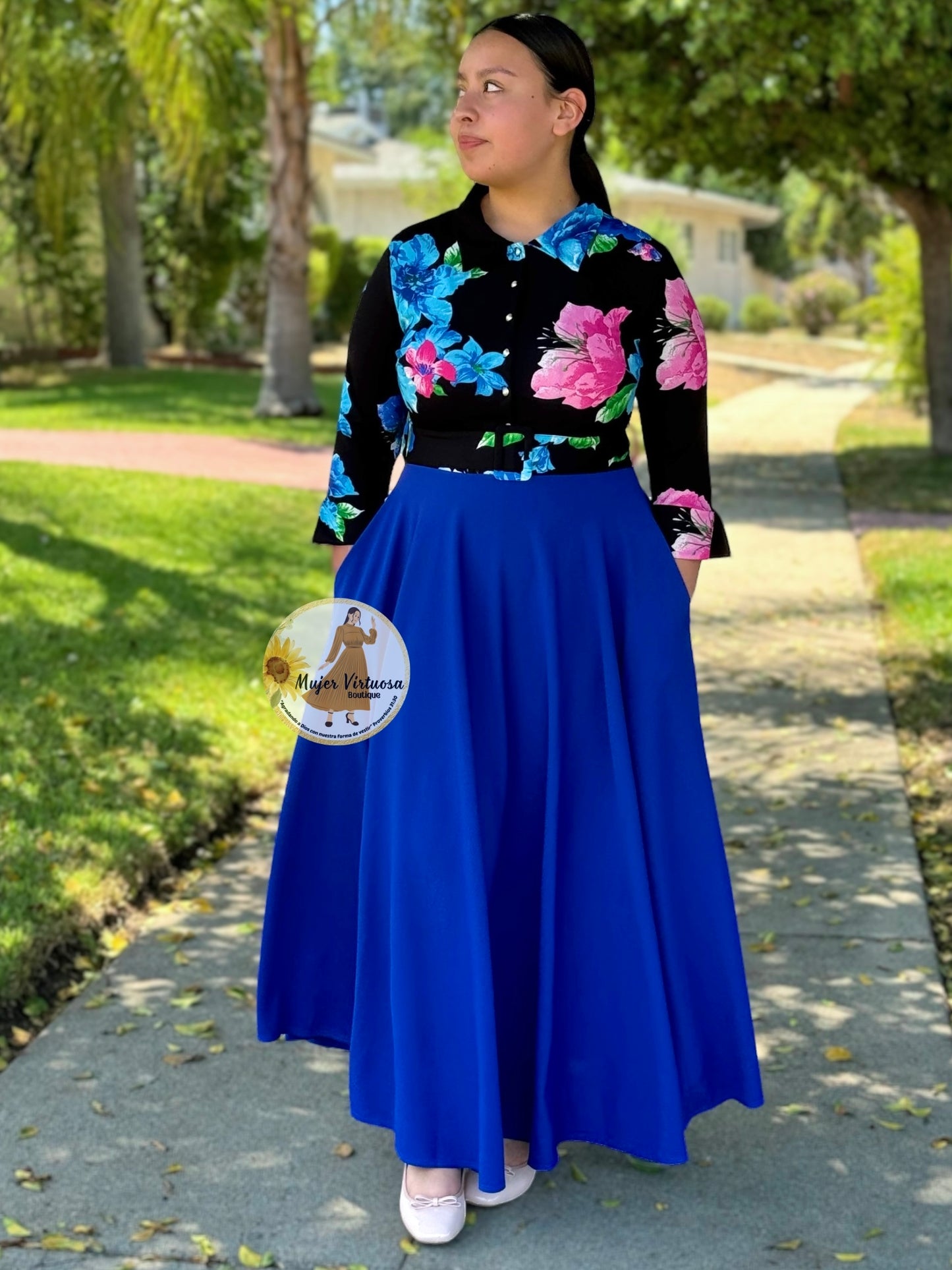 Hadassah Black & Royal Blue Belted Floral Dress