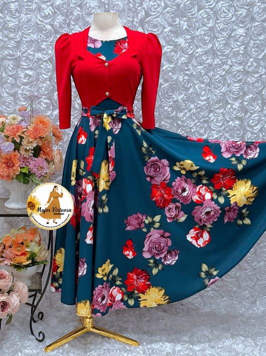 Red/Green Floral Vest Dress