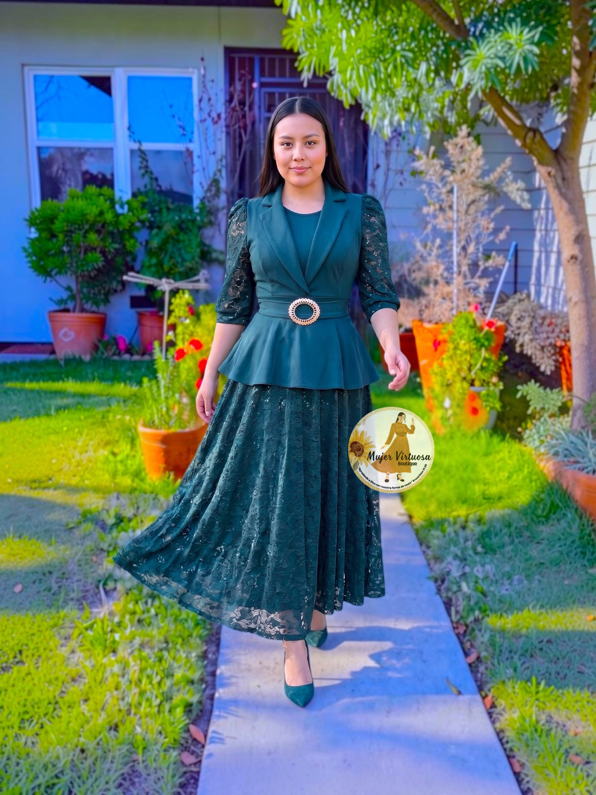 Mayra Emerald Green Crepe & Lace Dress