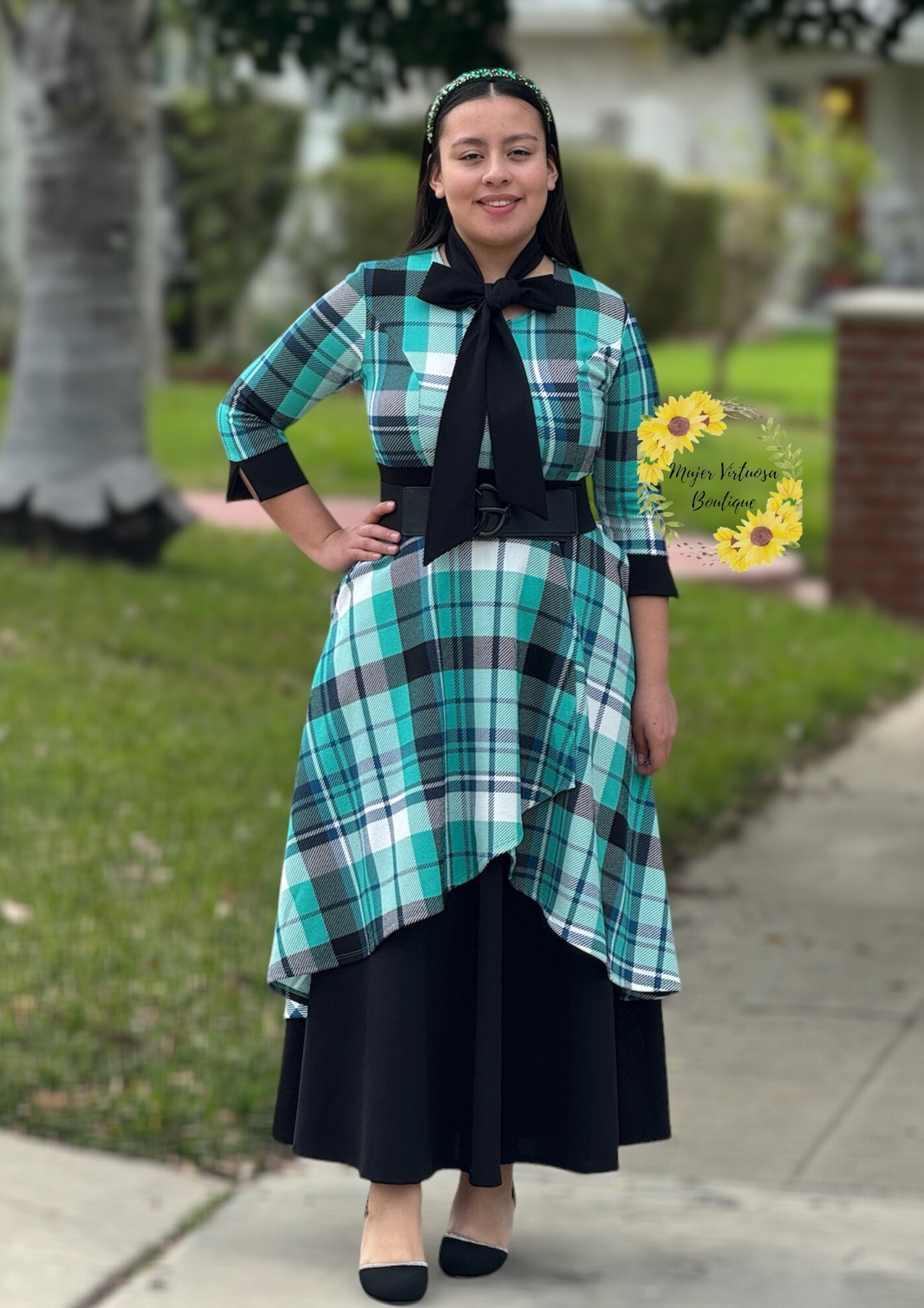 Oriana Menta Plaid Dress