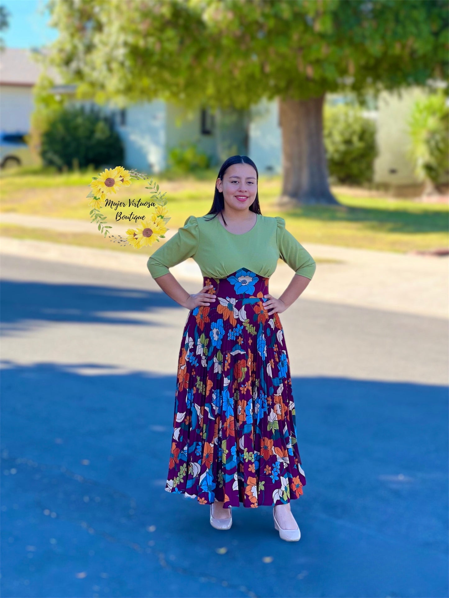 Cristel Lime Green Floral Pleated Dress