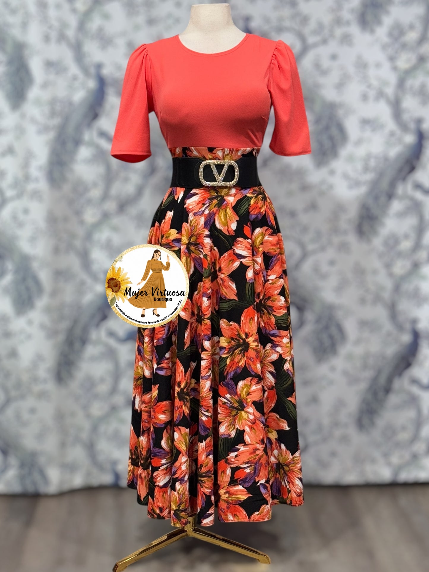 Eliana Coral & Black Floral Dress