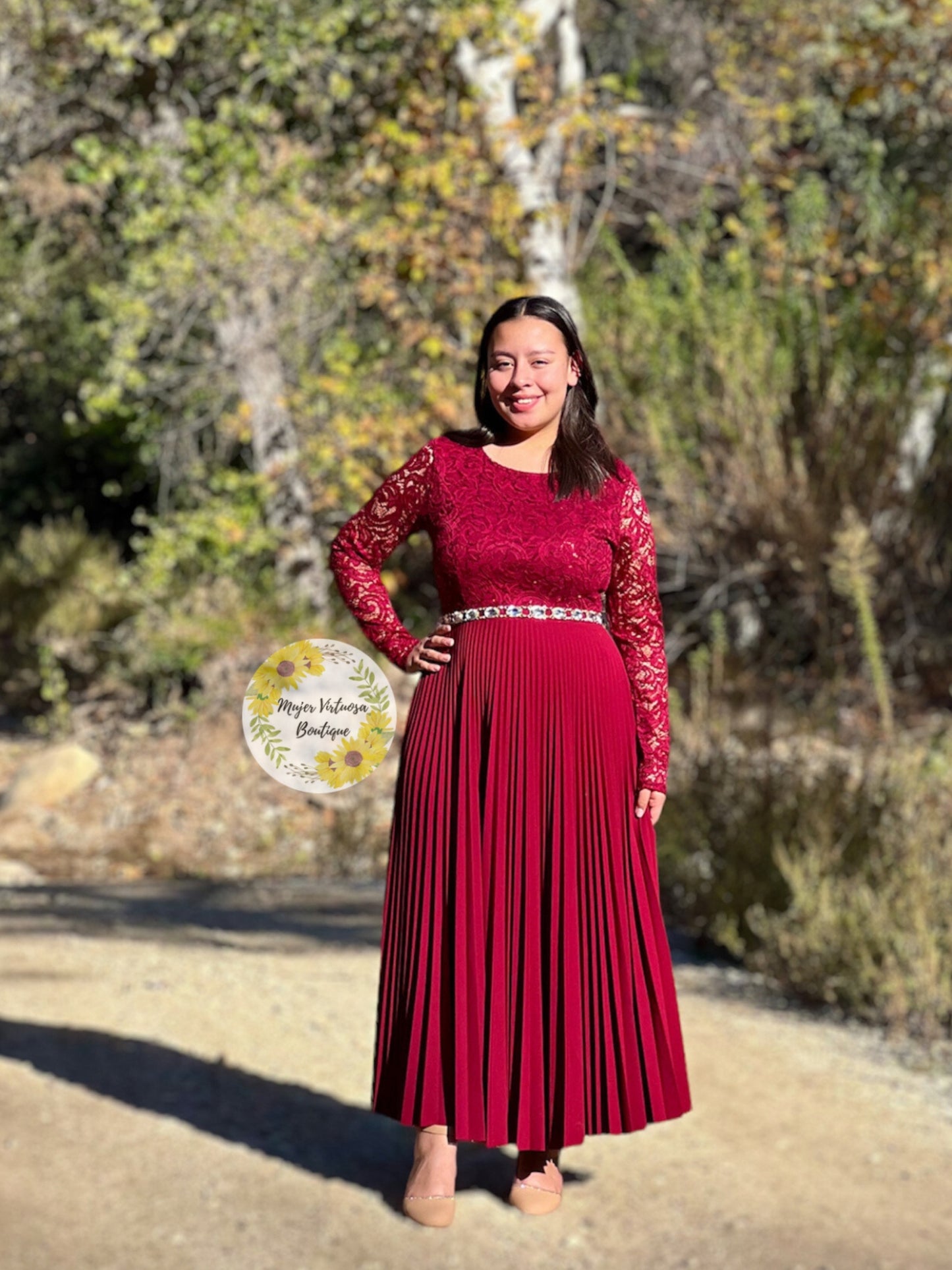 Alida Elegant Burgundy Pleated Dress