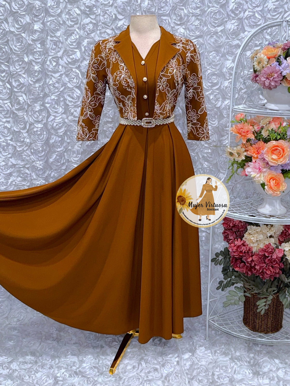 Linda Cognac Embroidered Dress