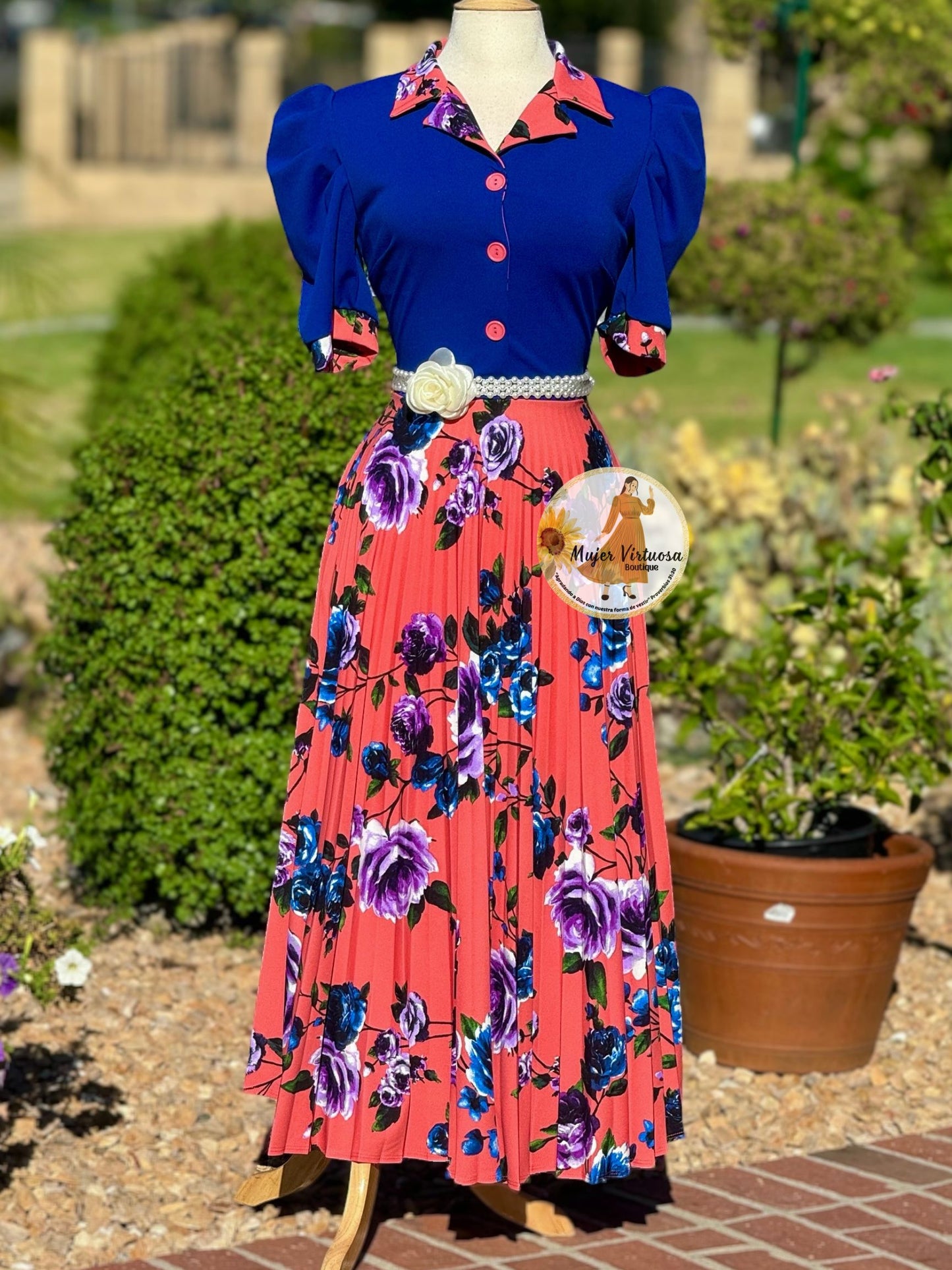 Samara Royal Blue Pleated Floral Dress