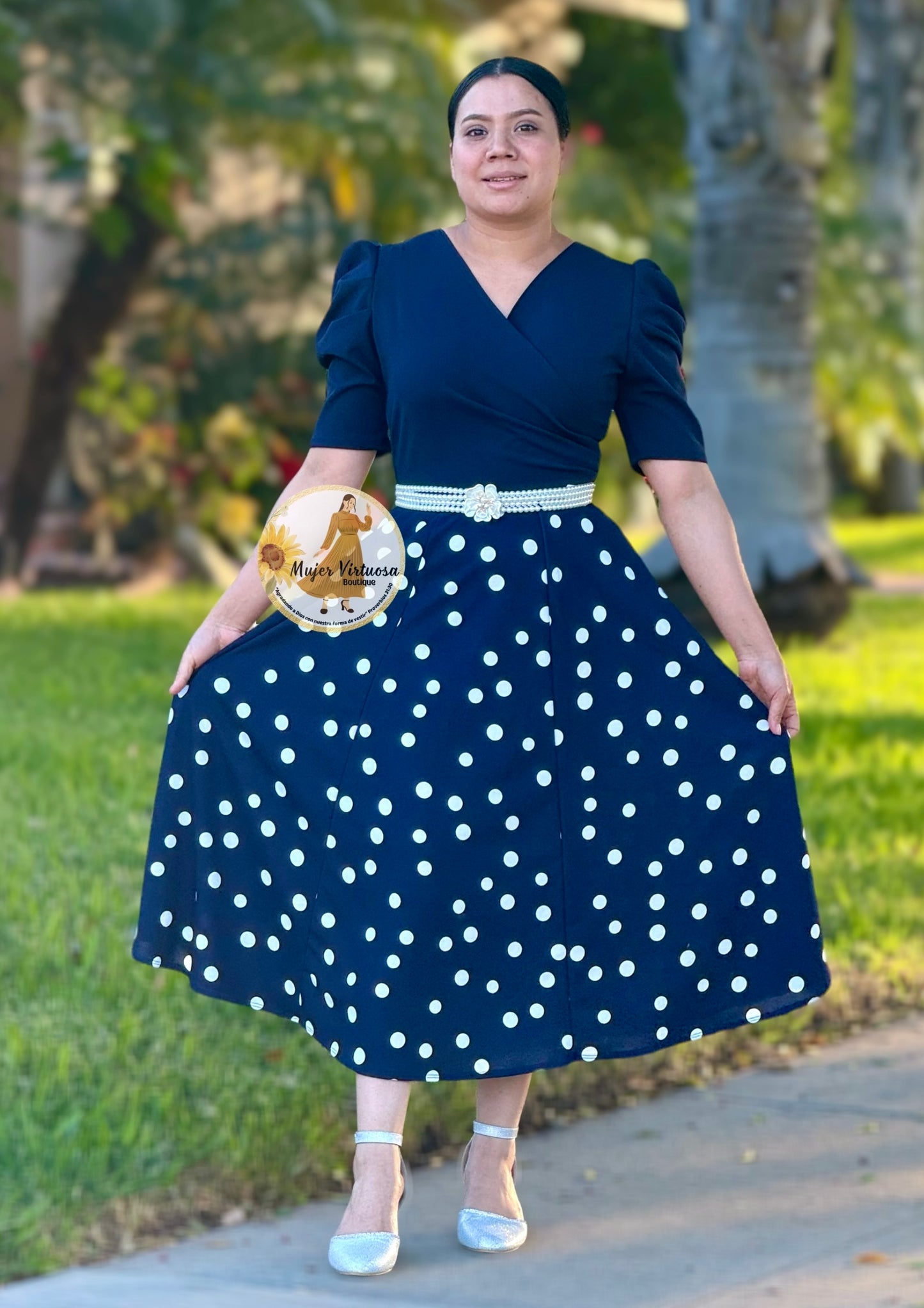 Navy Polka Dot Midi Dress