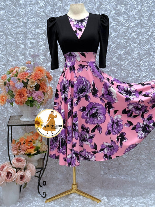 Black & Pink Floral Midi Dress