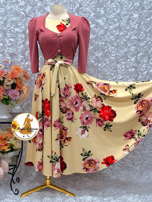 Mauve/Ivory Floral Vest Dress