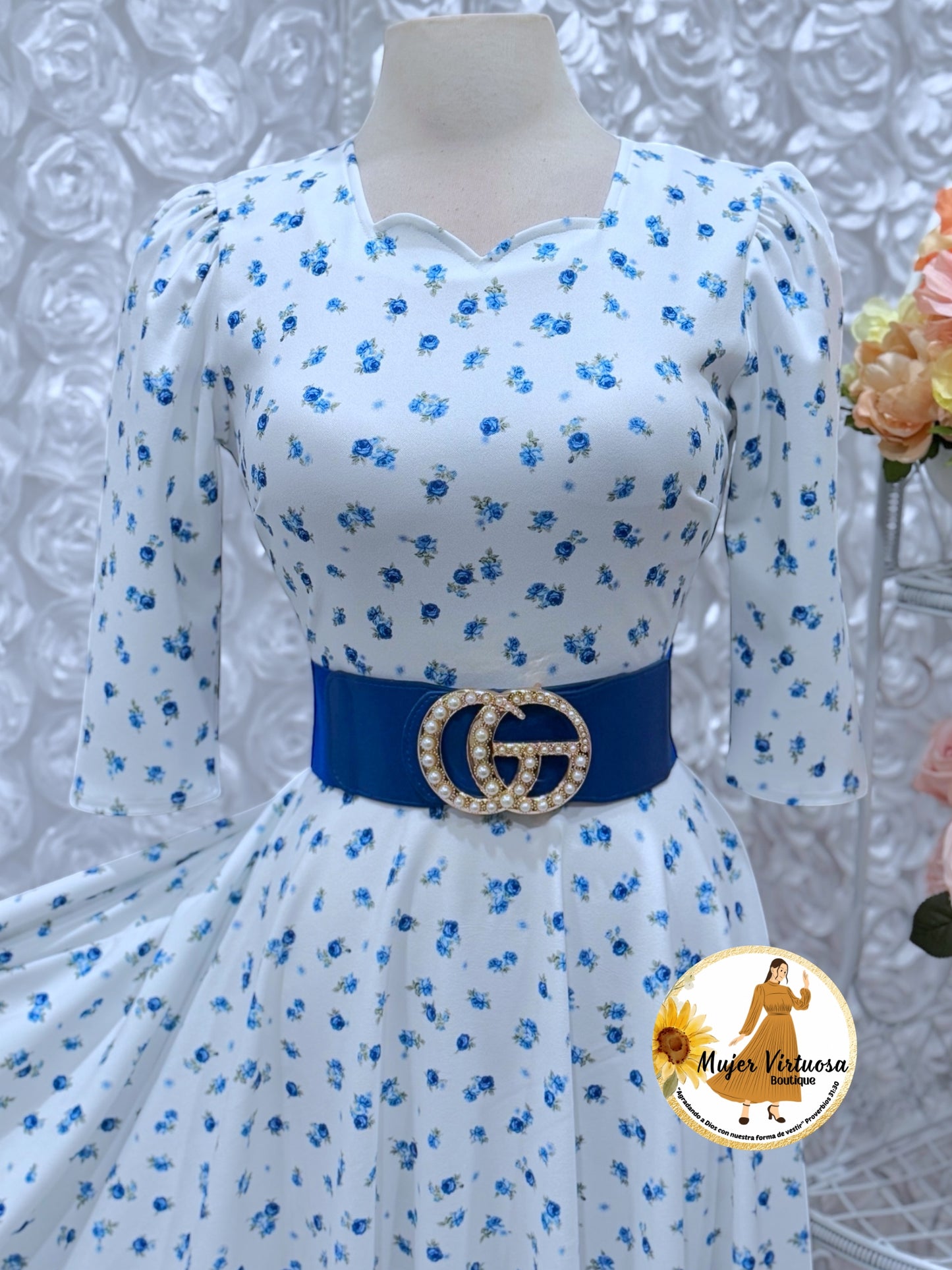 Lucy White/Blue Ditsy Floral Dress