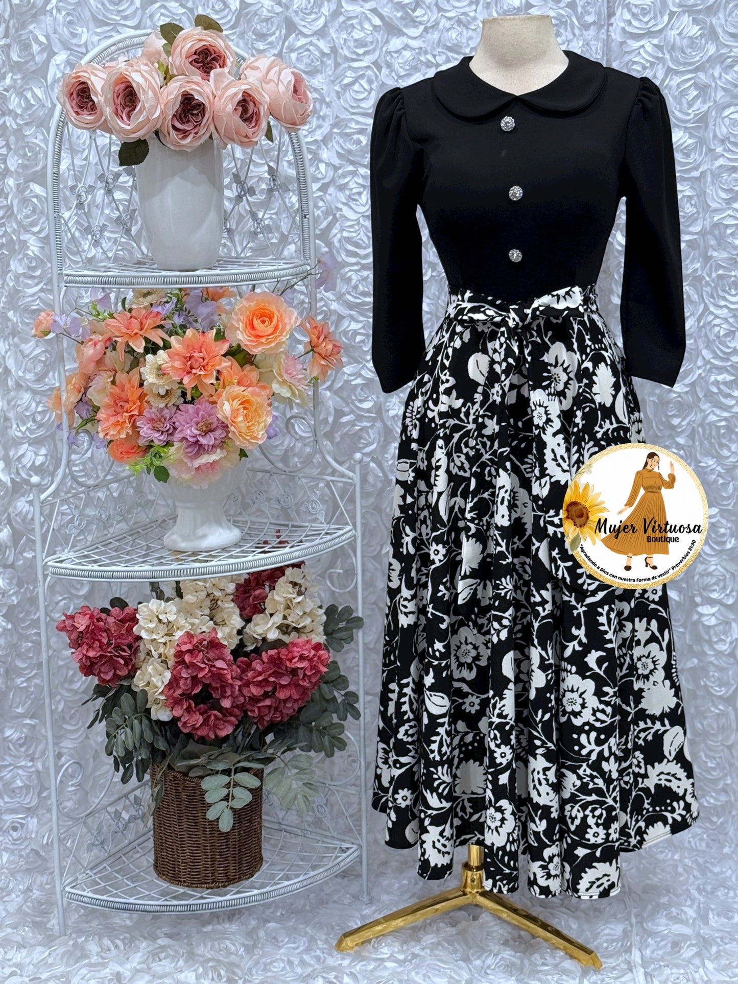 Black & Floral White Print Dress