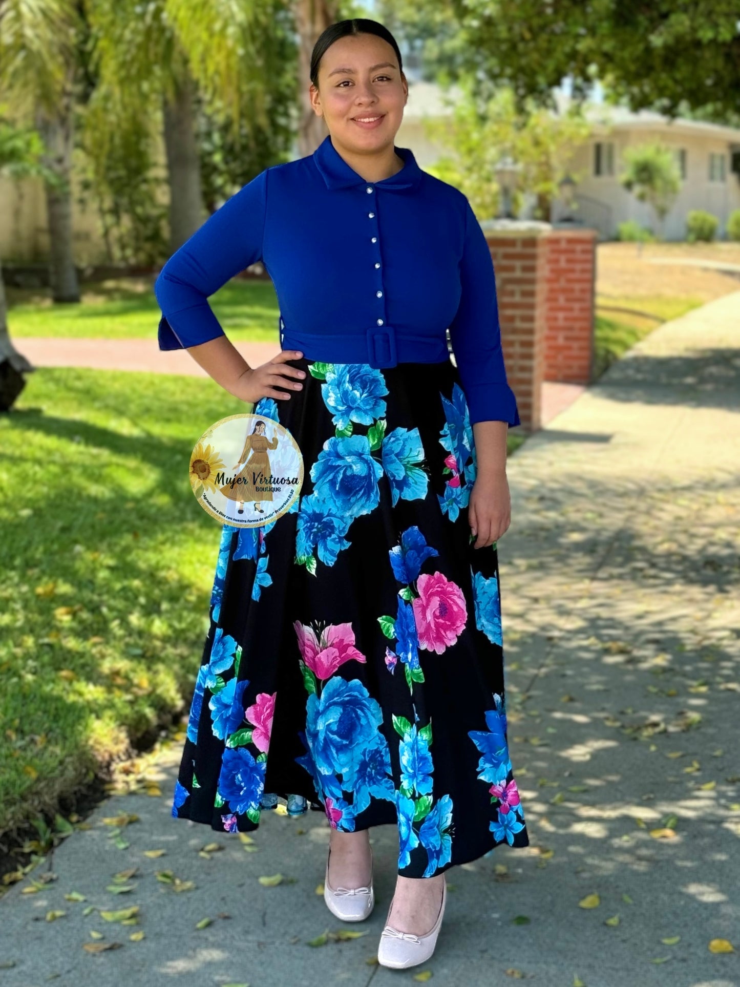 Hadassah Royal & Black Belted Floral Dress