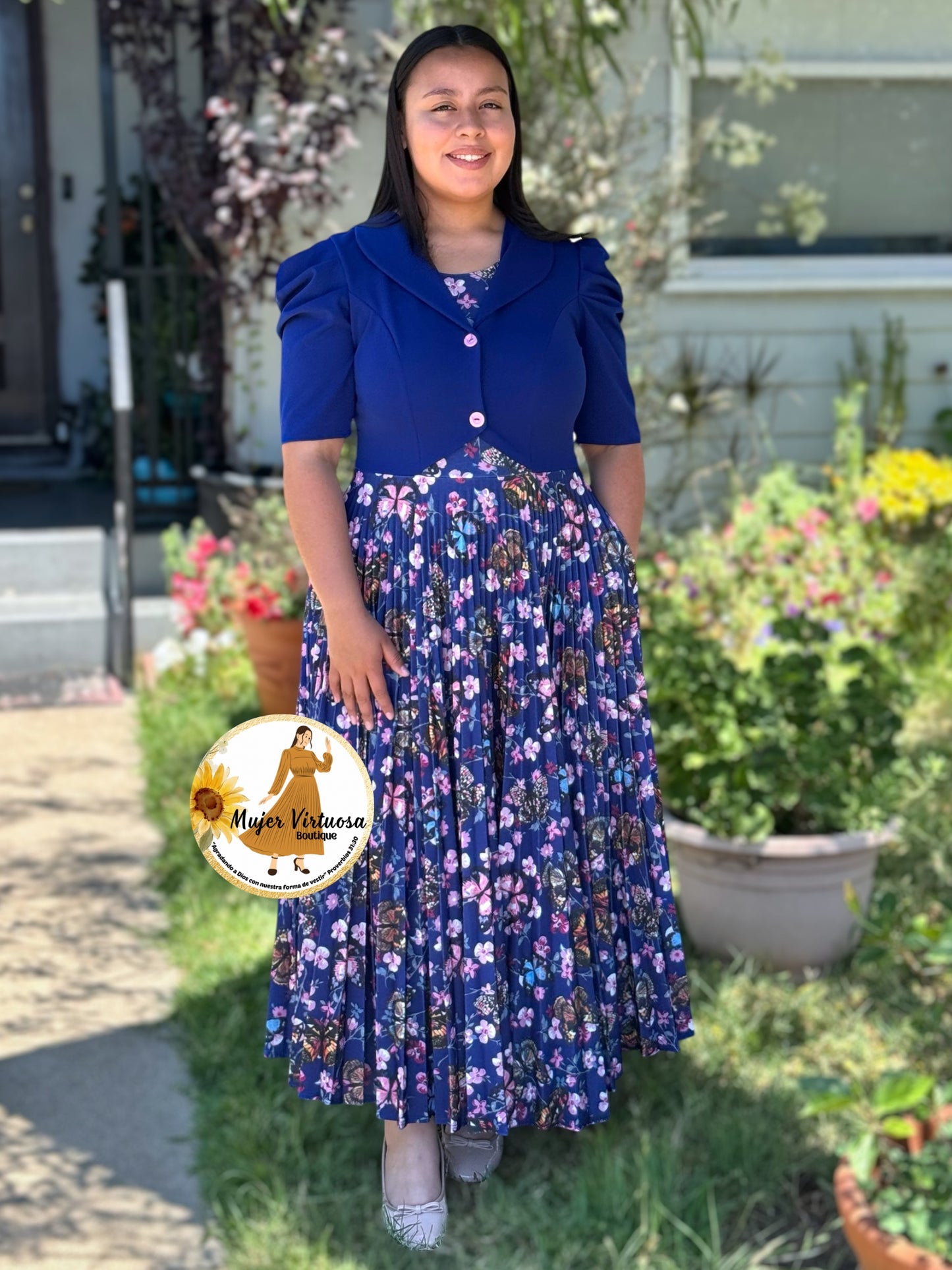 Esther Blue Butterfly Pleated Dress