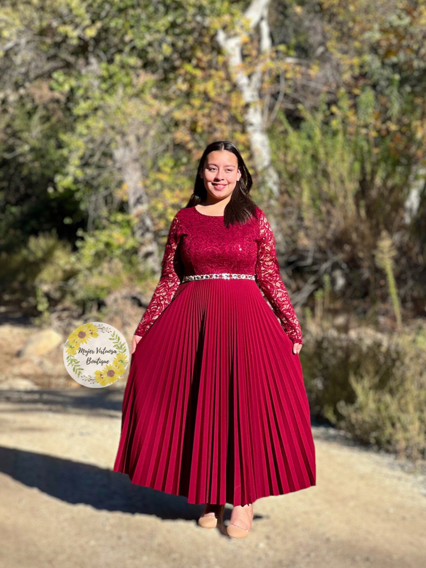 Alida Elegant Burgundy Pleated Dress