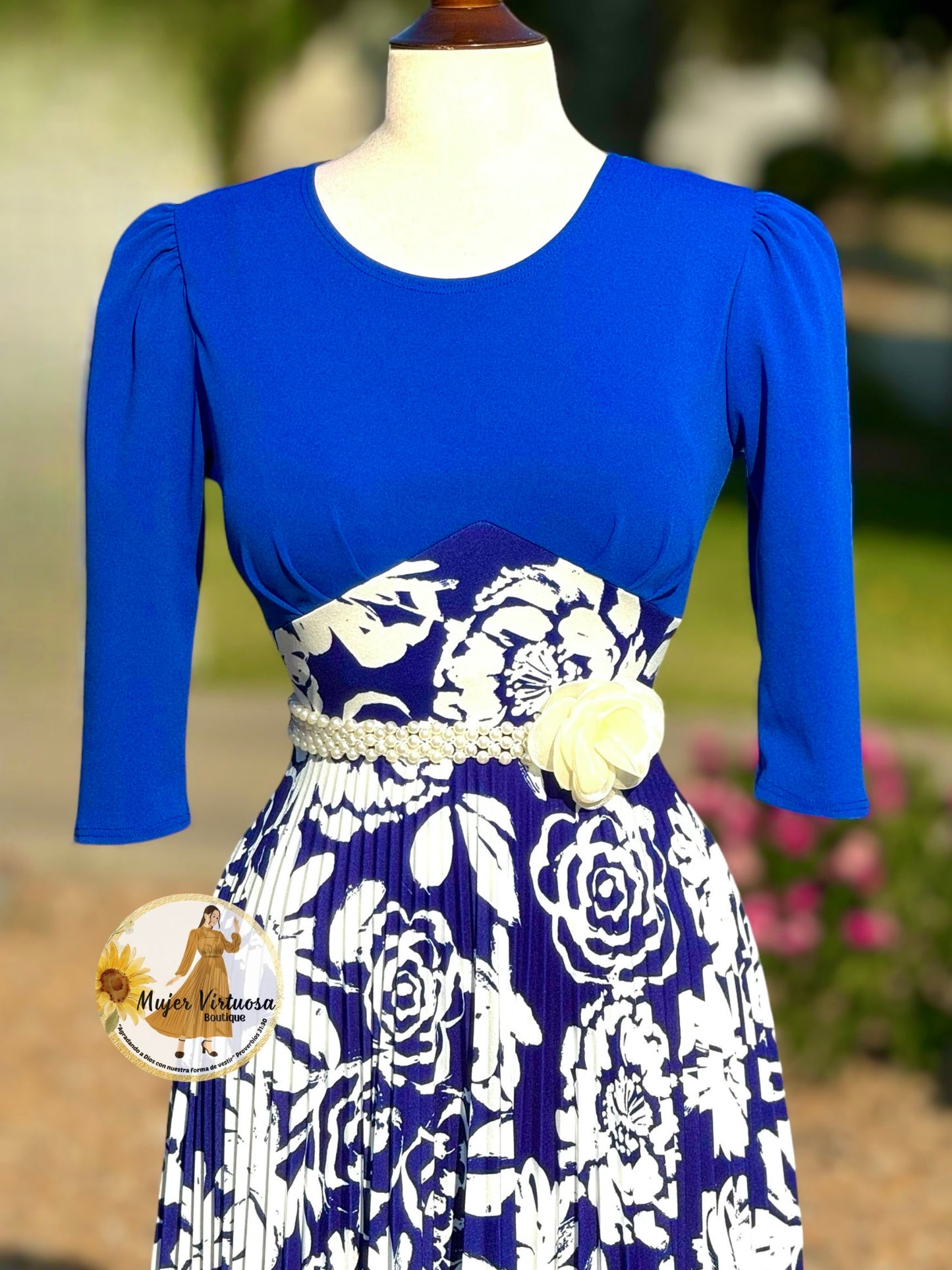 Cristel Royal Blue Floral Pleated Dress