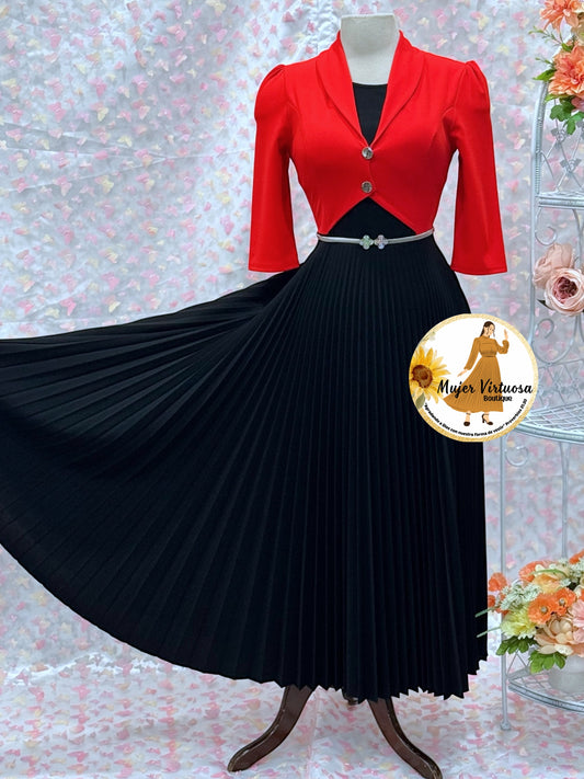 Milena Red & Black Pleated Dress