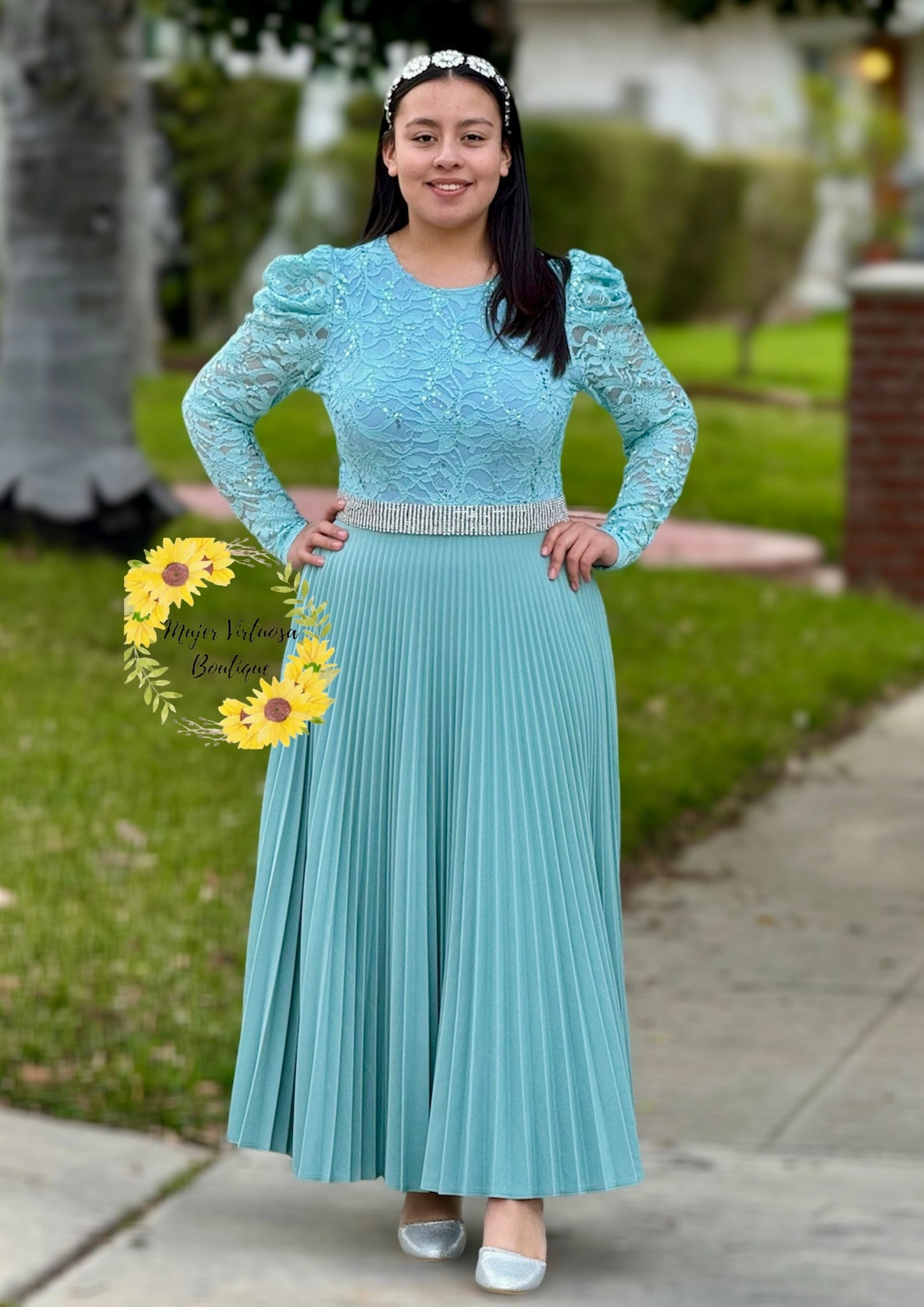 Ophelia Aqua Pleated Lace Dress