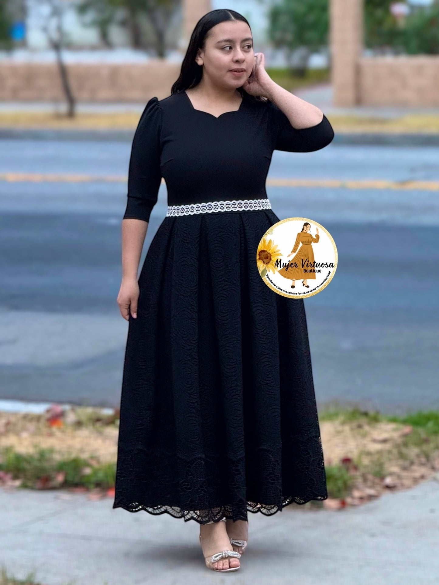 Romina All Black Lace Pleated Dress