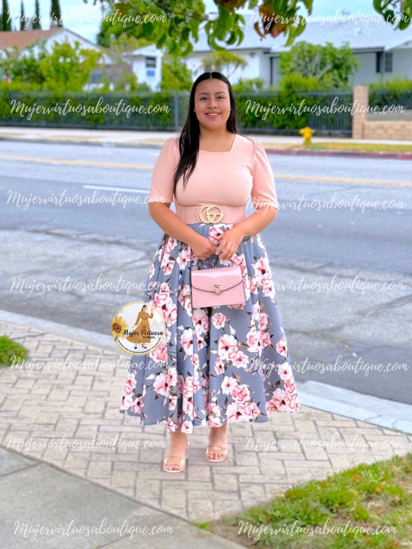 Eunice Pink & Grey Floral Dress