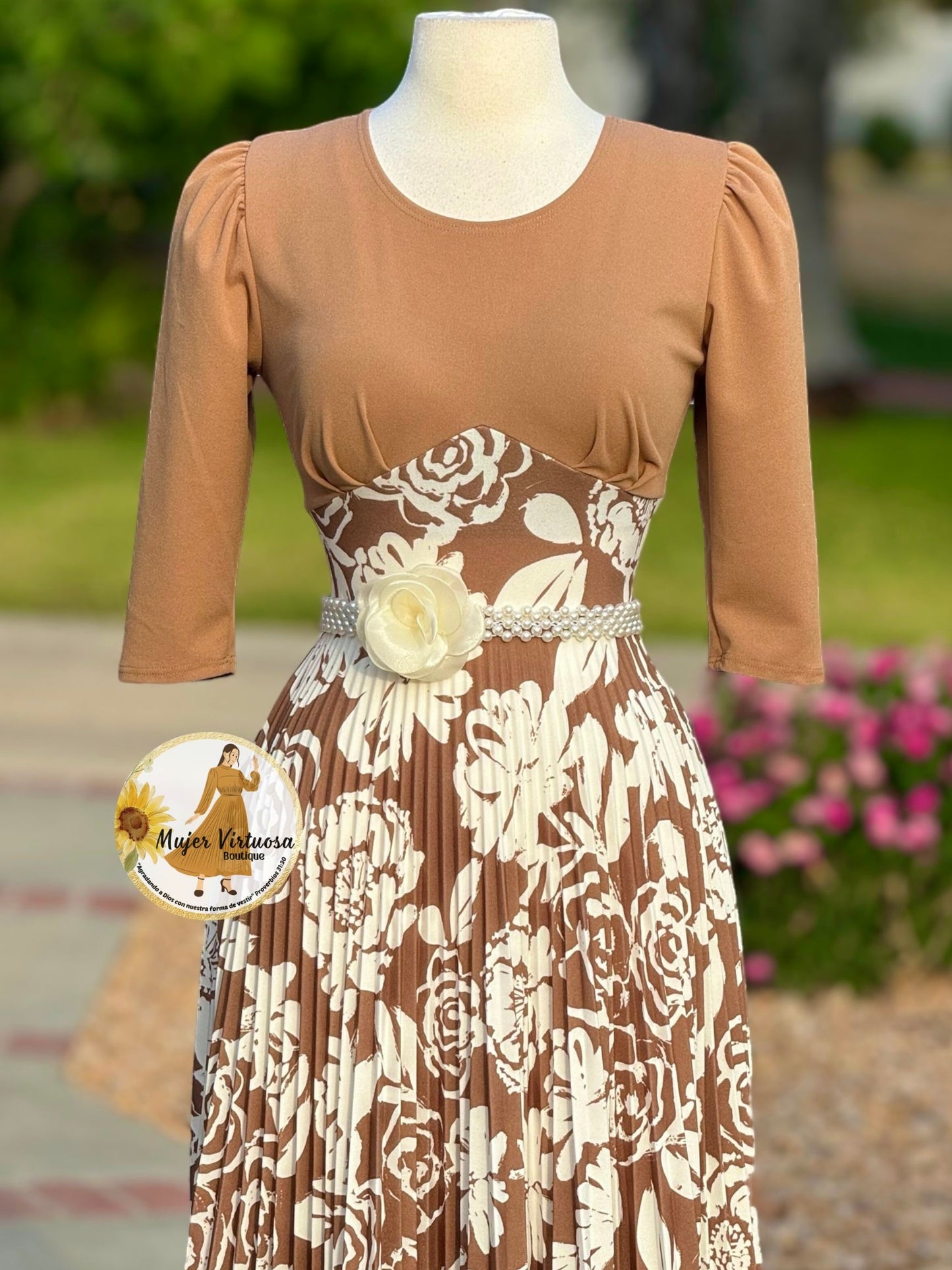 Cristel Mocha Floral Pleated Dress