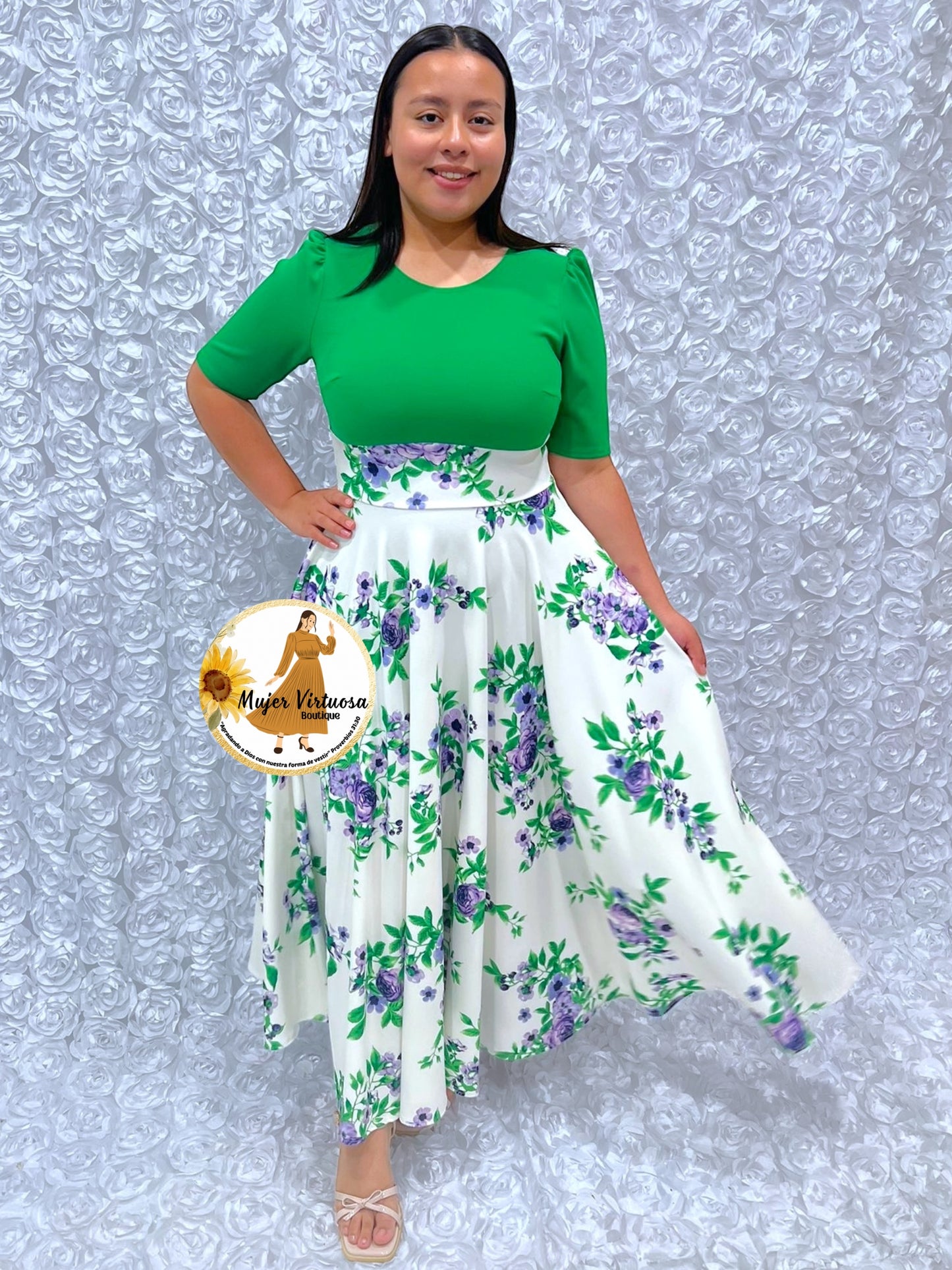 Eliana Green/White Floral Dress