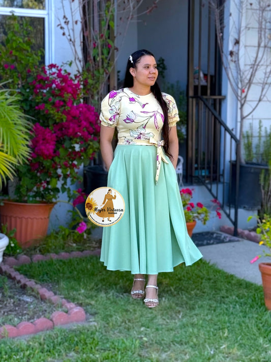 Vicky Yellow & Sage Midi Dress