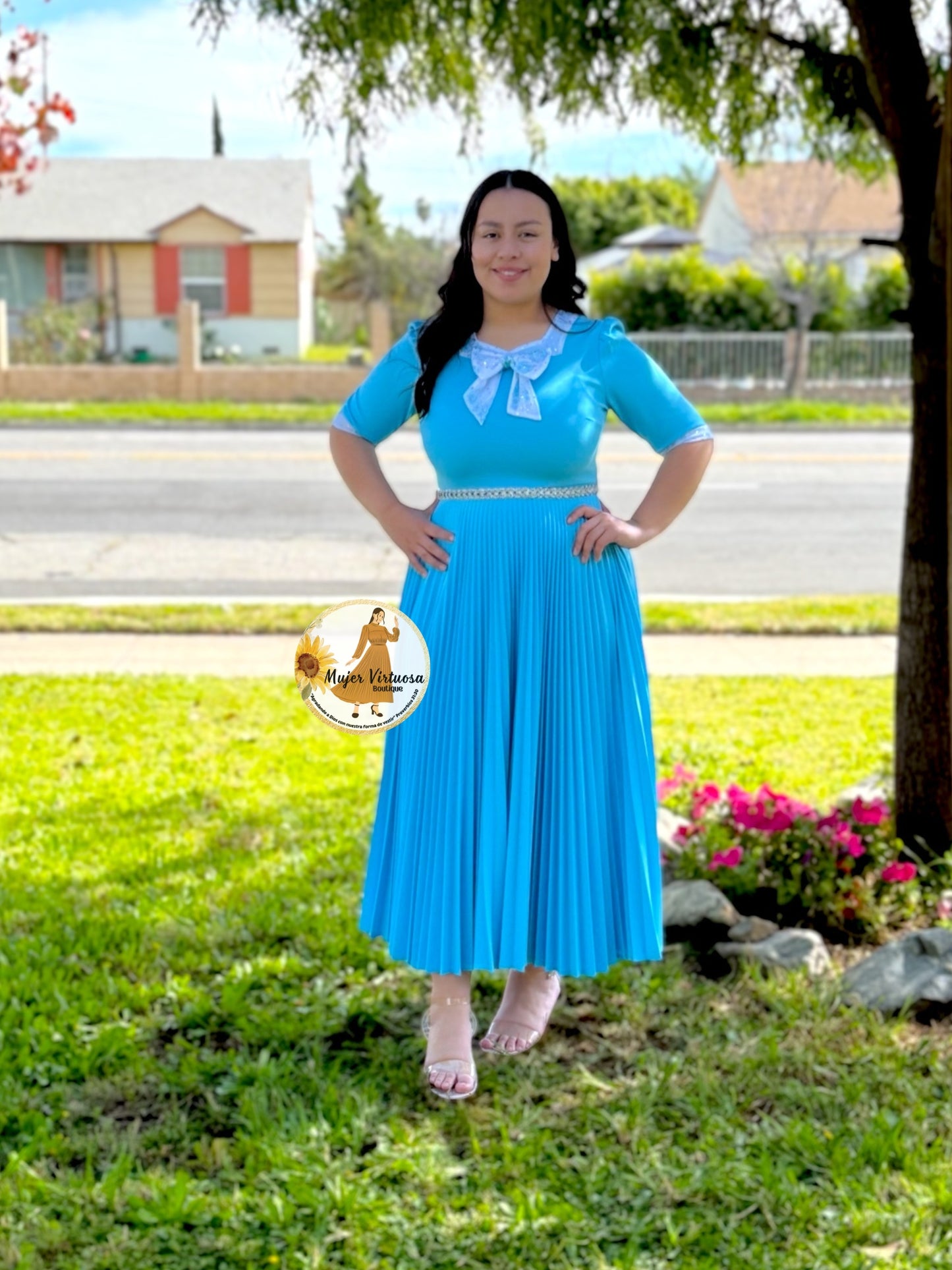 Madelyn Aqua Pleated Dress