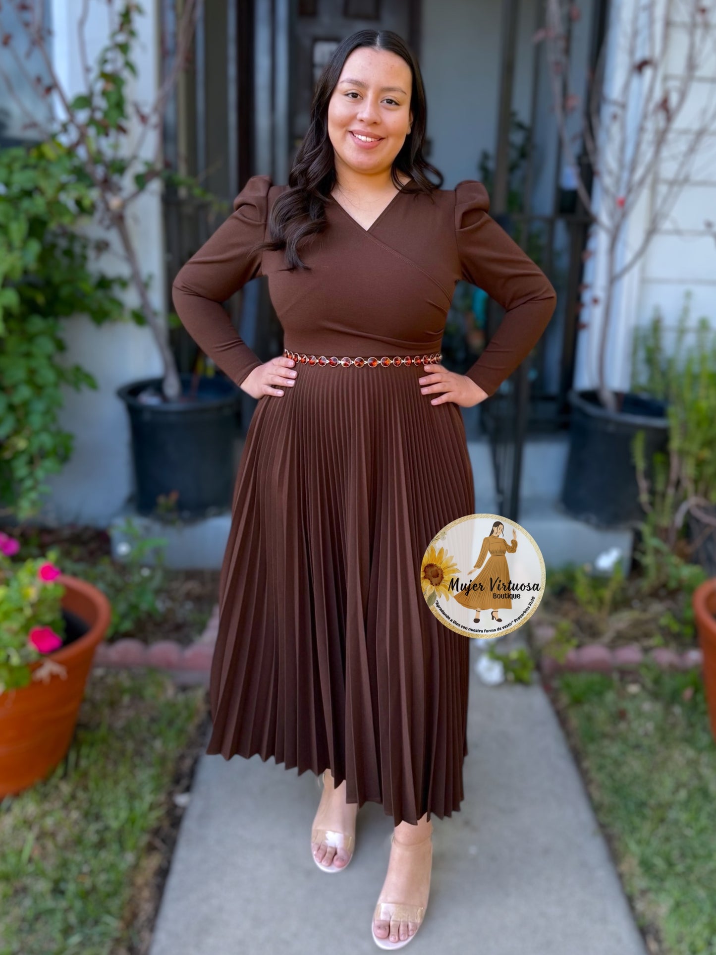 Yvette Brown Pleated Dress