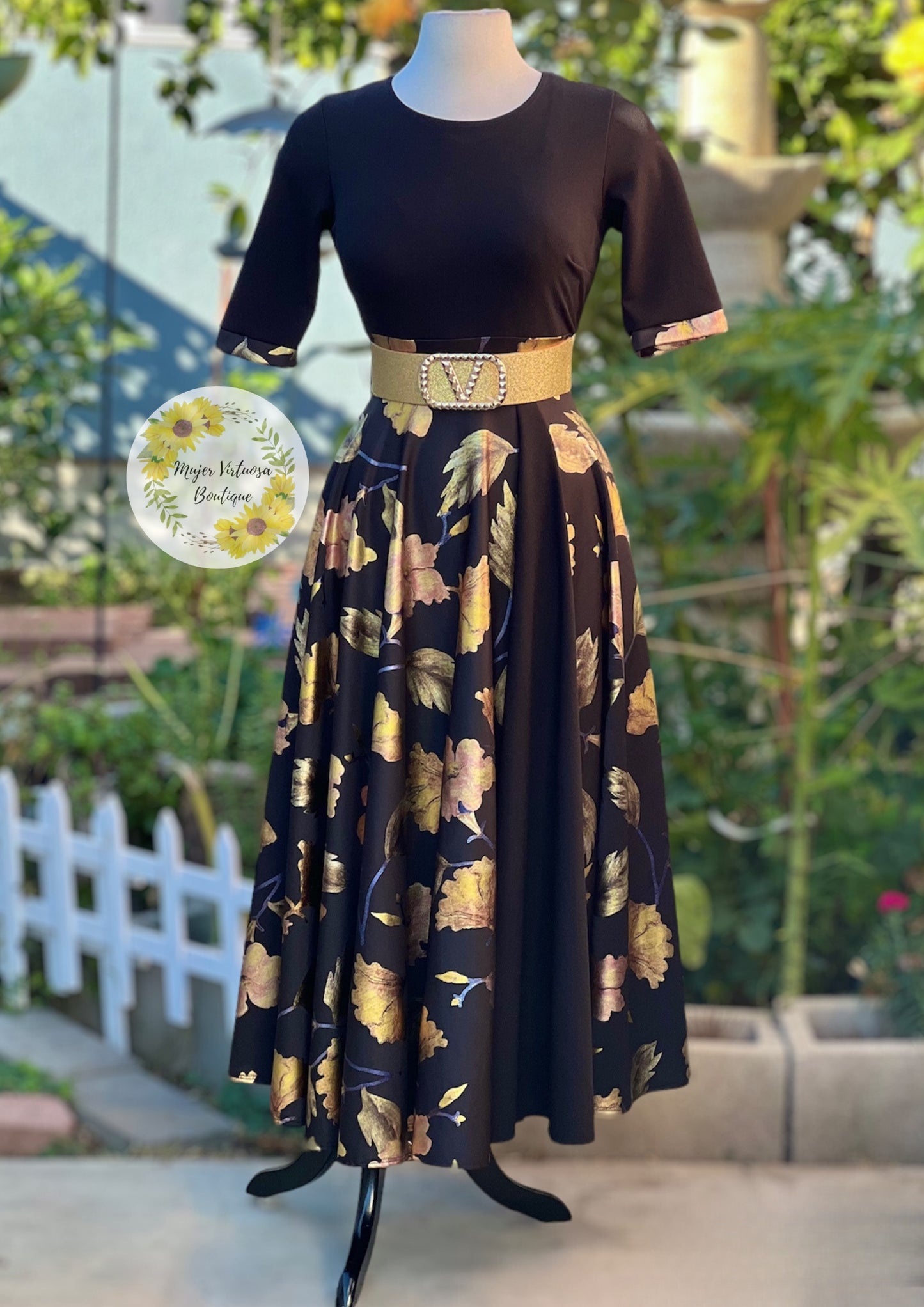 Andrea Black & Gold Leaves Dress