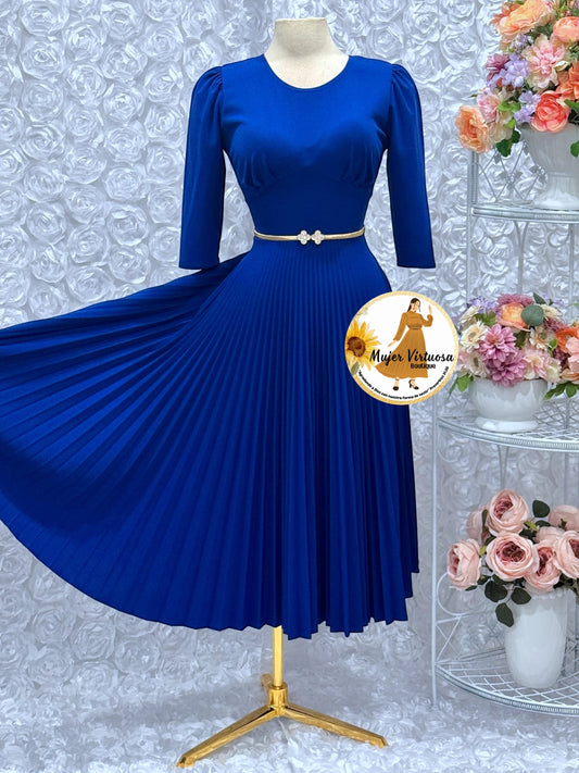 Cristel Royal Blue Midi Pleated Dress
