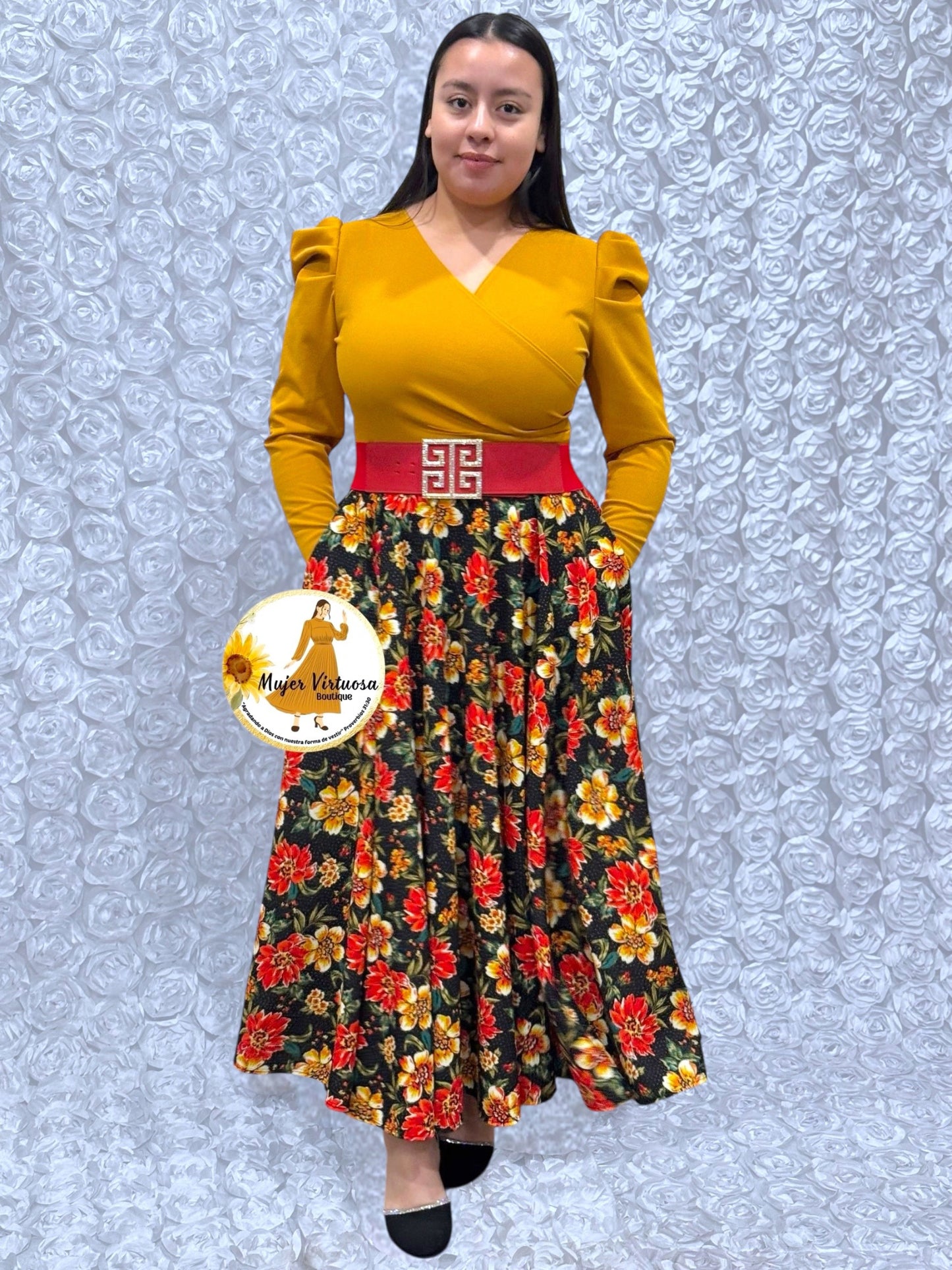 Larissa Mustard/Black Floral Dress