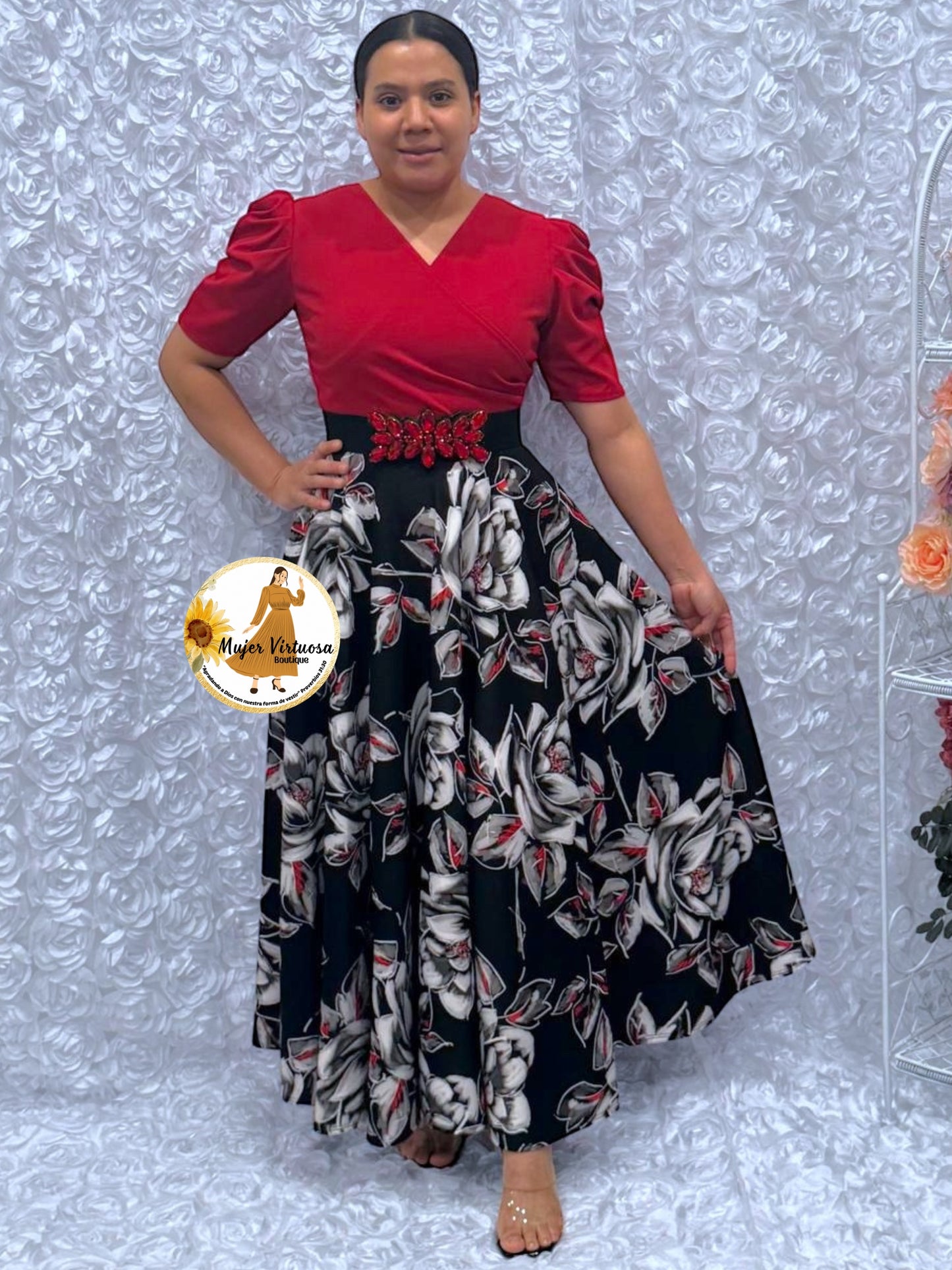 Susan Red & Black Roses Dress