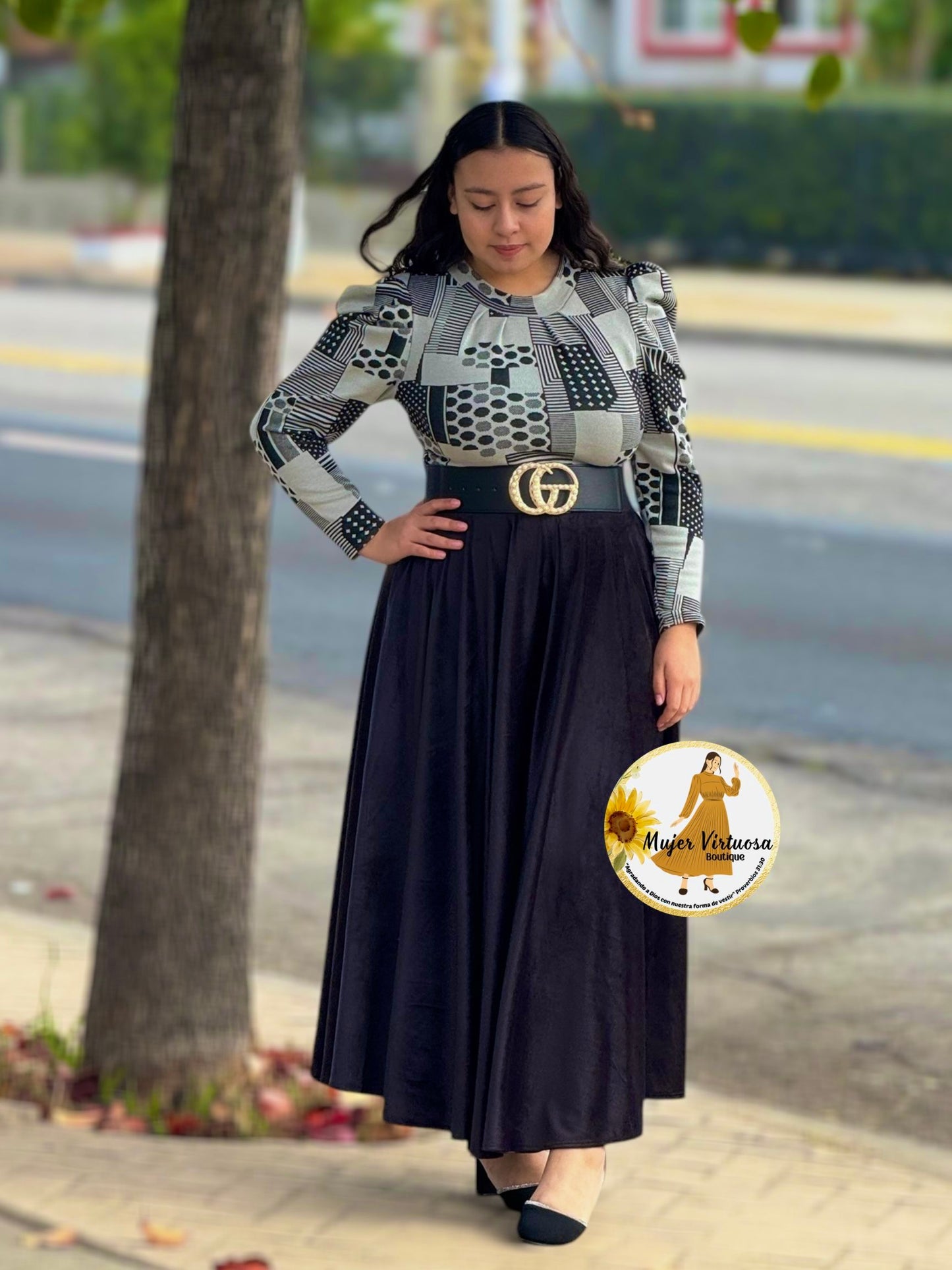 Eloisa Black & Grey Polka Dot Velvet Dress