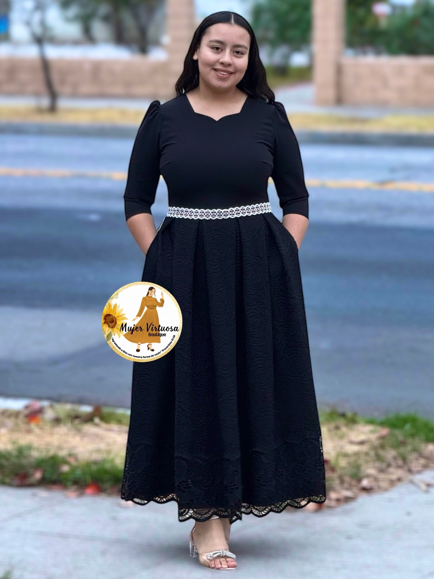 Romina All Black Lace Pleated Dress